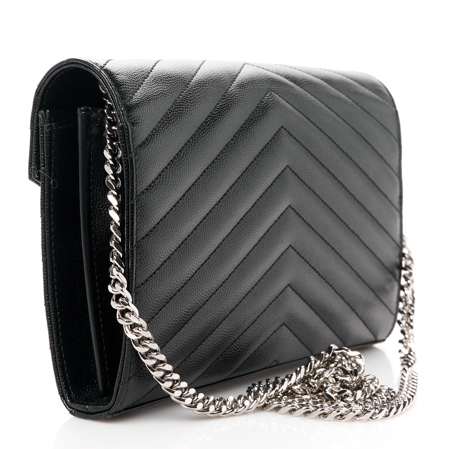 Saint Laurent Grain De Poudre Matelasse Chevron Monogram Chain Wallet Black 3 of 10