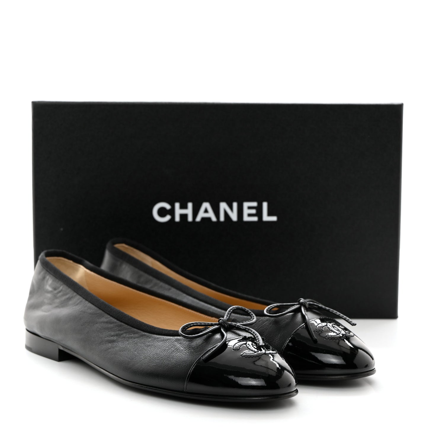 Lambskin Patent Cap Toe Ballerina Flats 39.5 Black