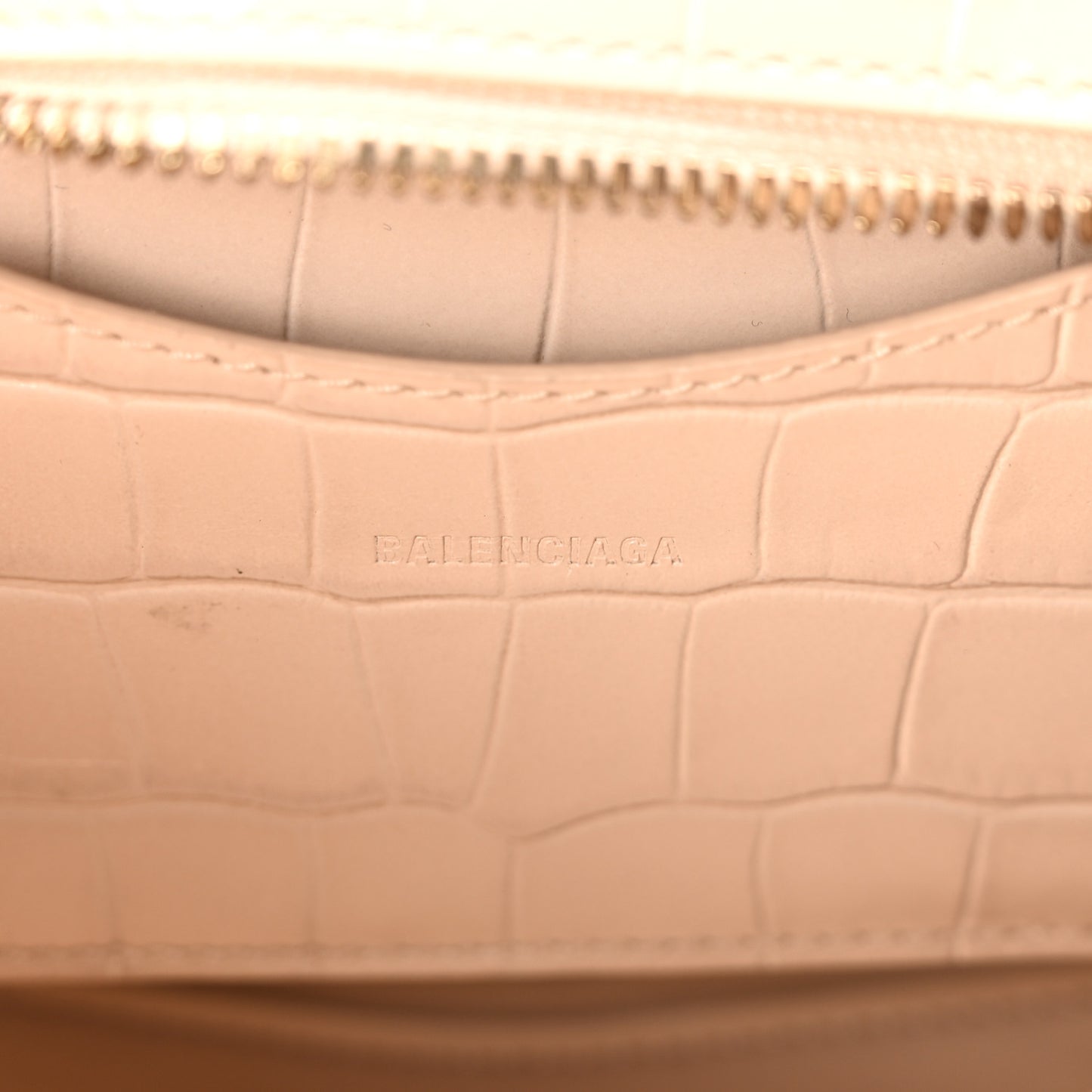 Shiny Supple Calfskin Crocodile Embossed Neo Classic Gold Hardware Mini City Light Beige
