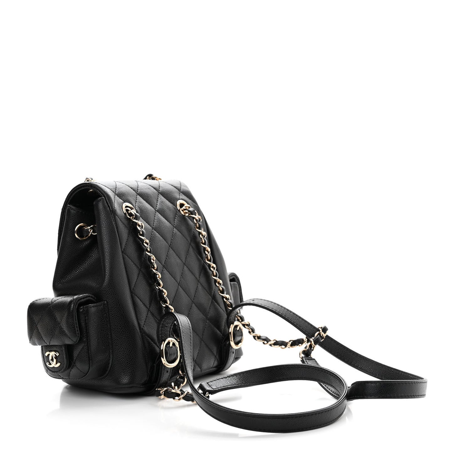 Shiny Caviar Quilted Small Pockets Drawstring Backpack Black