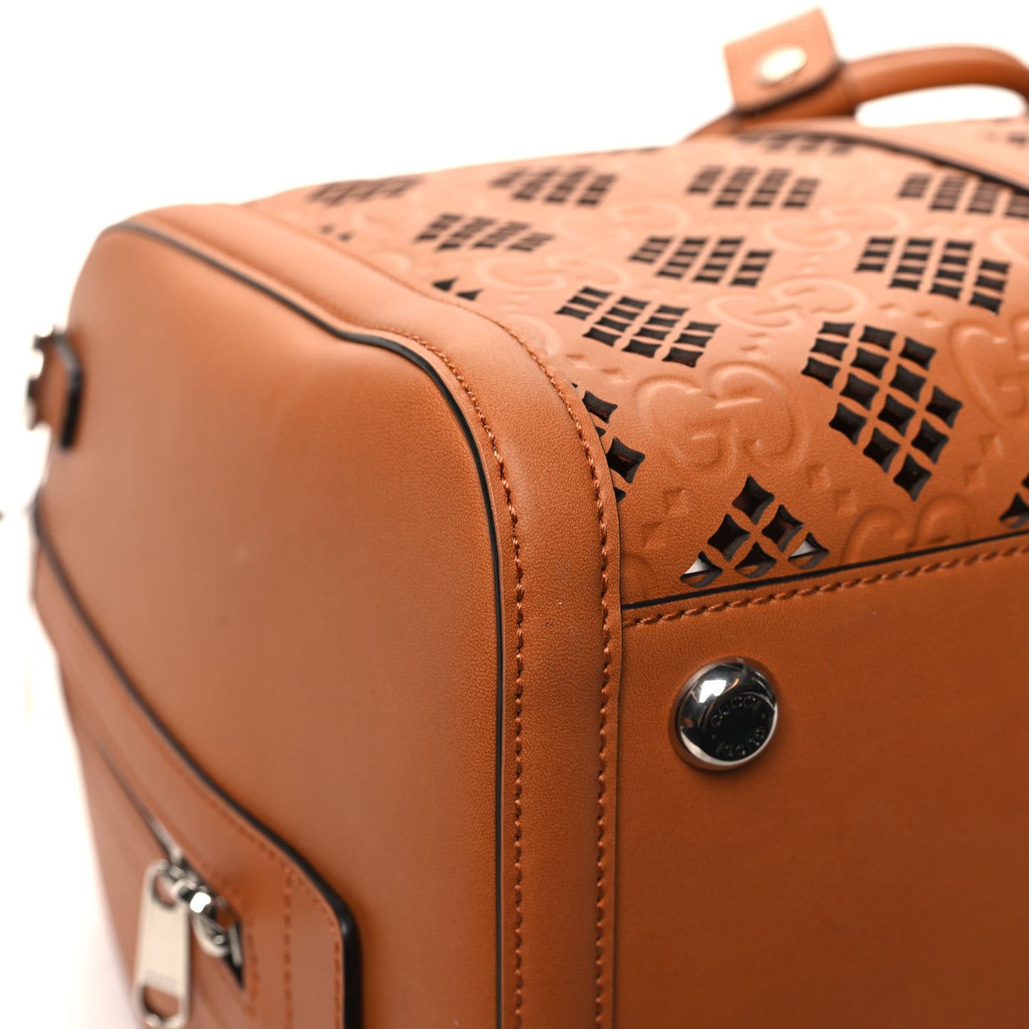 Calfskin Cut Out GG Embossed Medium Duffle Bag Harness Brown