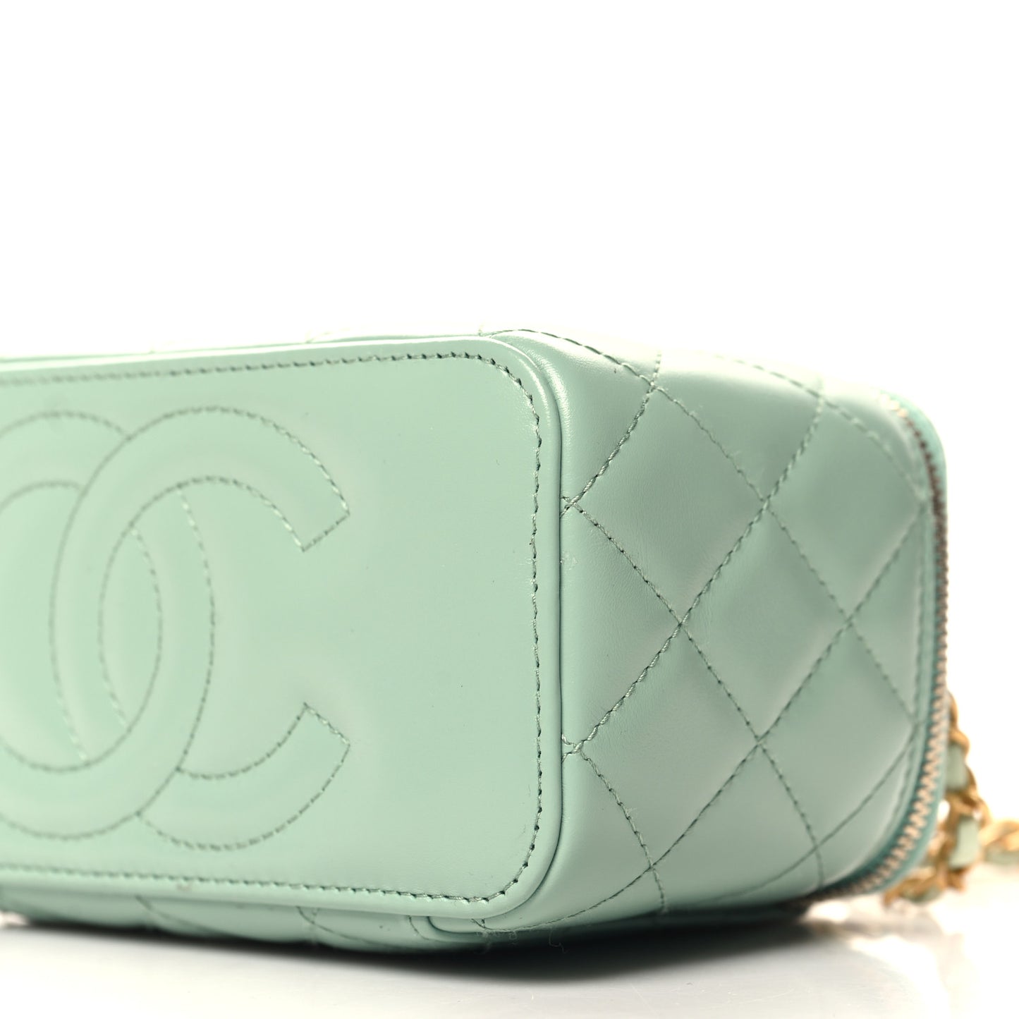 Shiny Calfskin Quilted Small Top Handle Vanity Case With Chain Light Green
