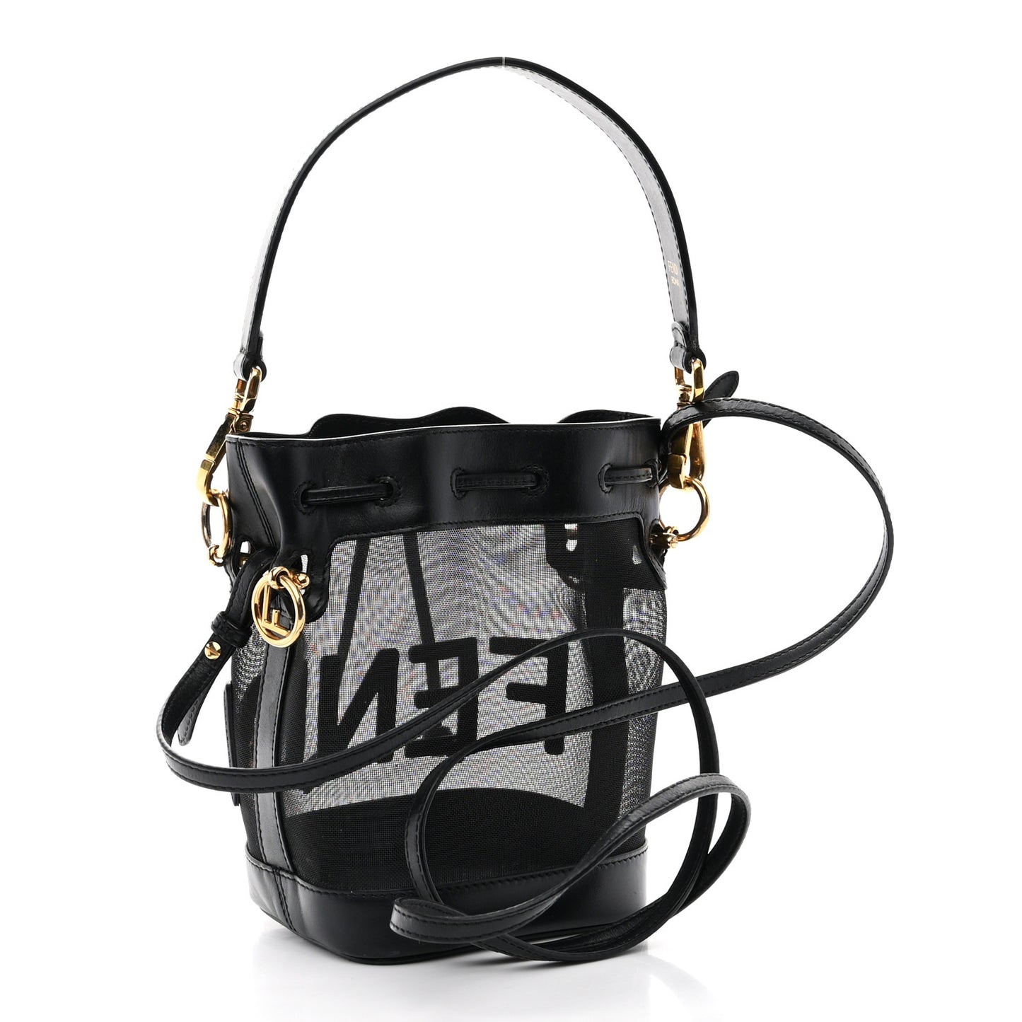 Mesh Vitello King F is Fendi Logo Embroidered Mini Mon Tresor Bucket Bag Black