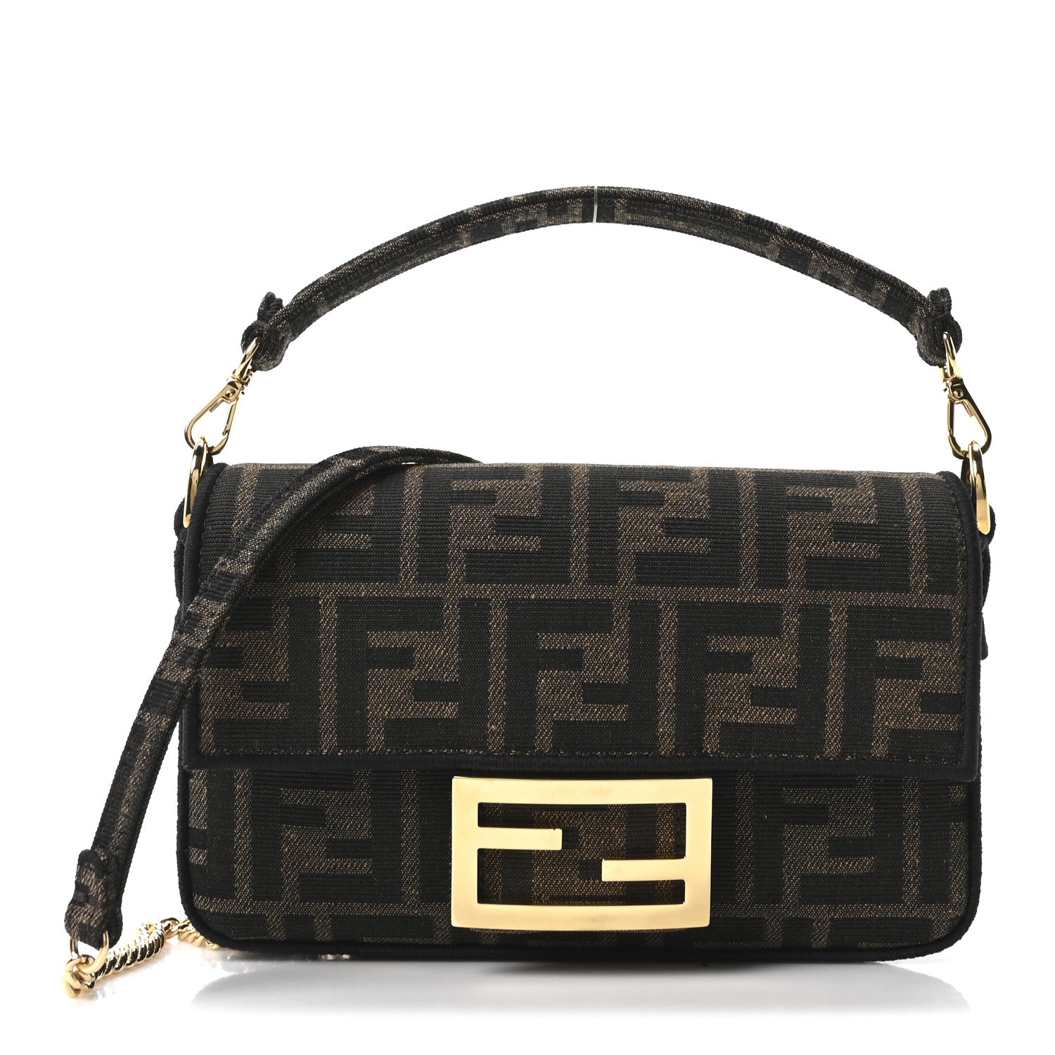 Fendi Fabric Jacquard FF 1974 Mini Baguette Tobacco Moro Black