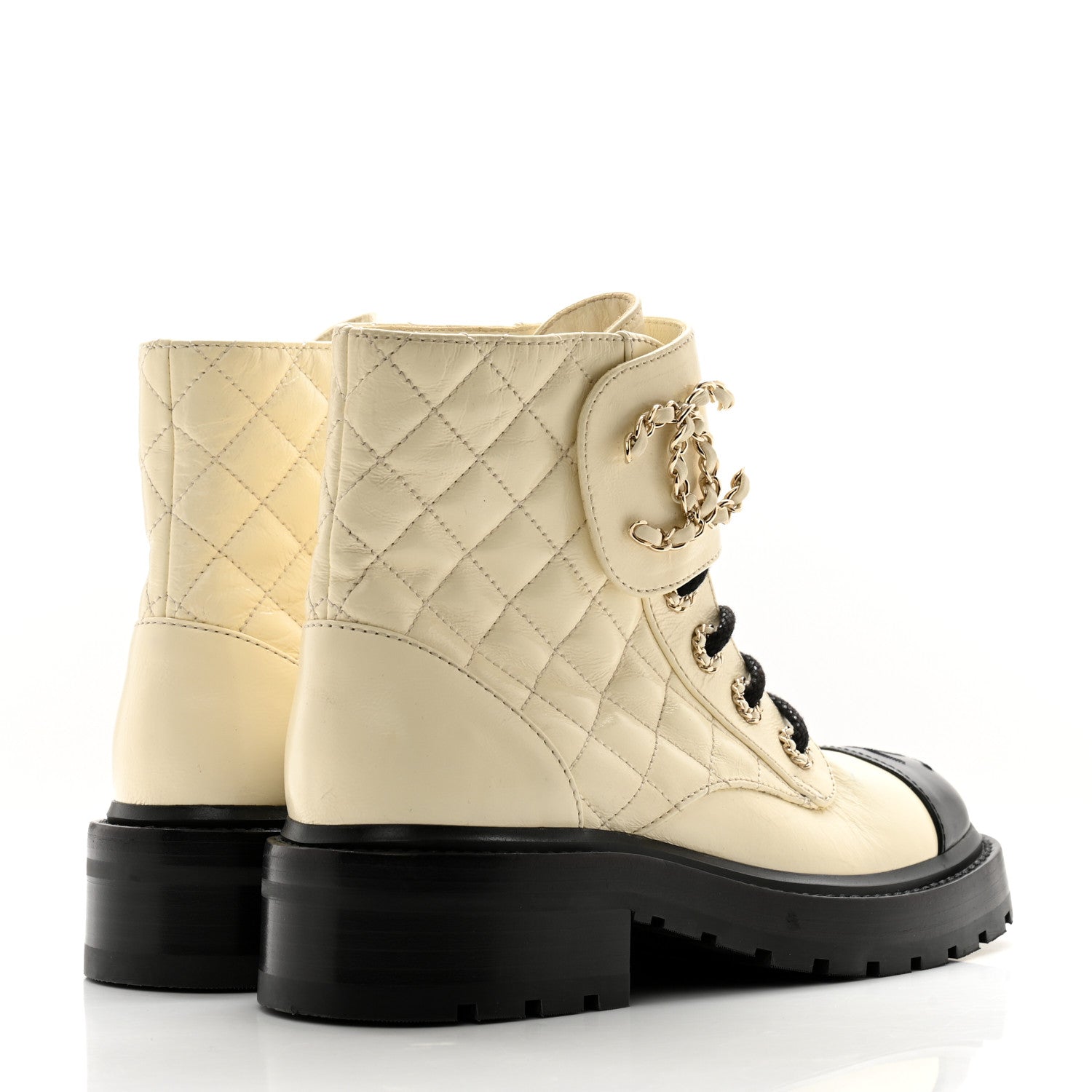 Chanel Shiny Calfskin Quilted Lace Up Combat Boots 35 Ivory Black 4 of 12