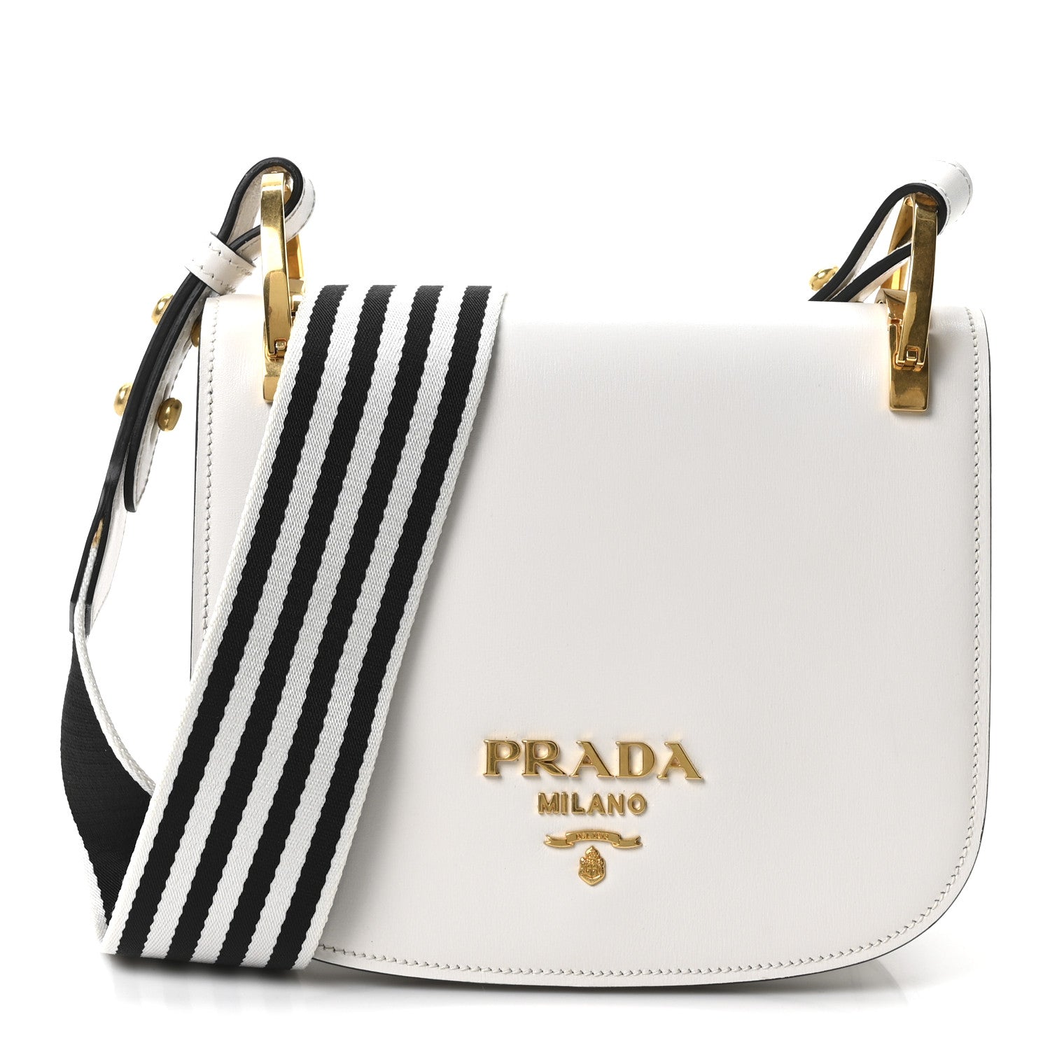 Prada City Calf Striped Pionniere Saddle Bag White Black 1838278