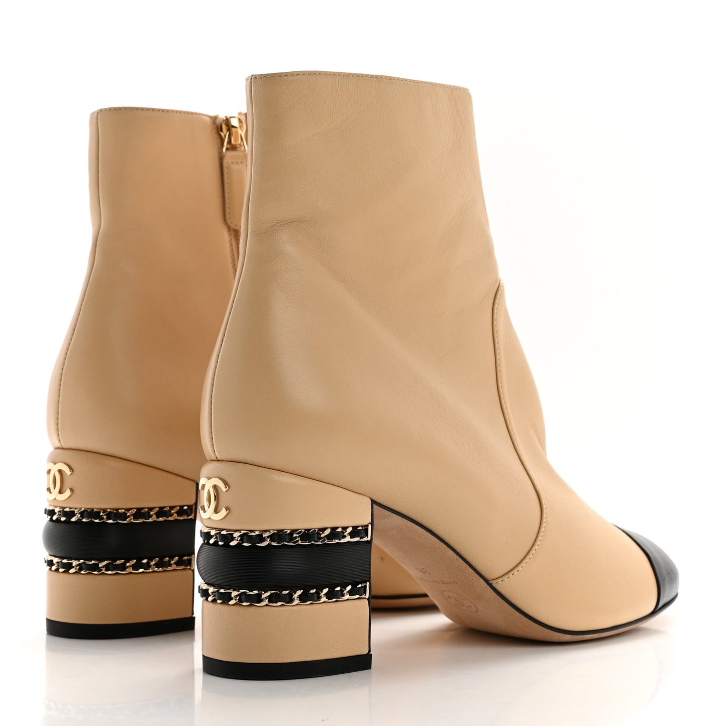 Lambskin Double Stack Chain Cap Toe Boots 38 Beige Black