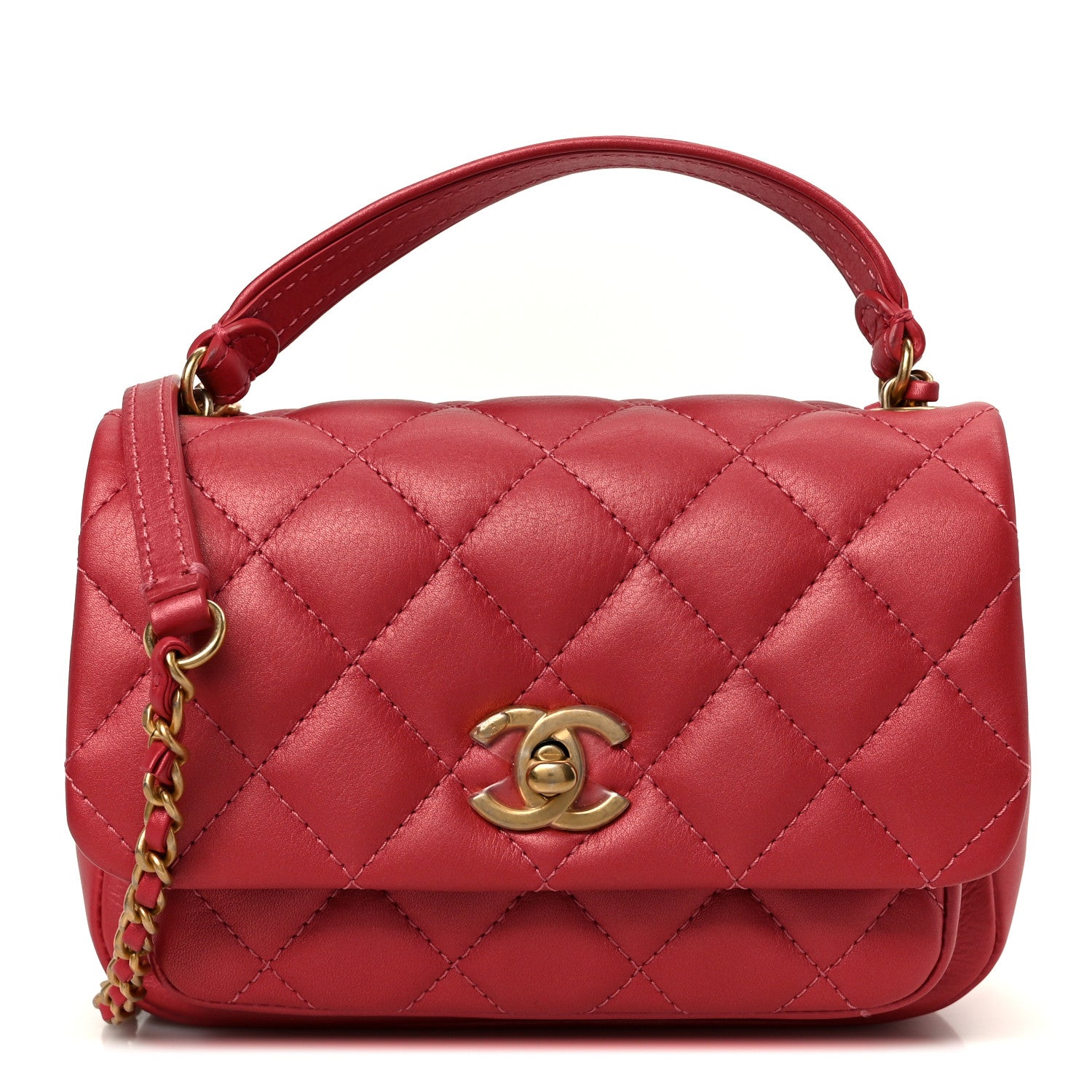 Chanel Metallic Calfskin Quilted Top Handle Flap Dark Pink 1836616