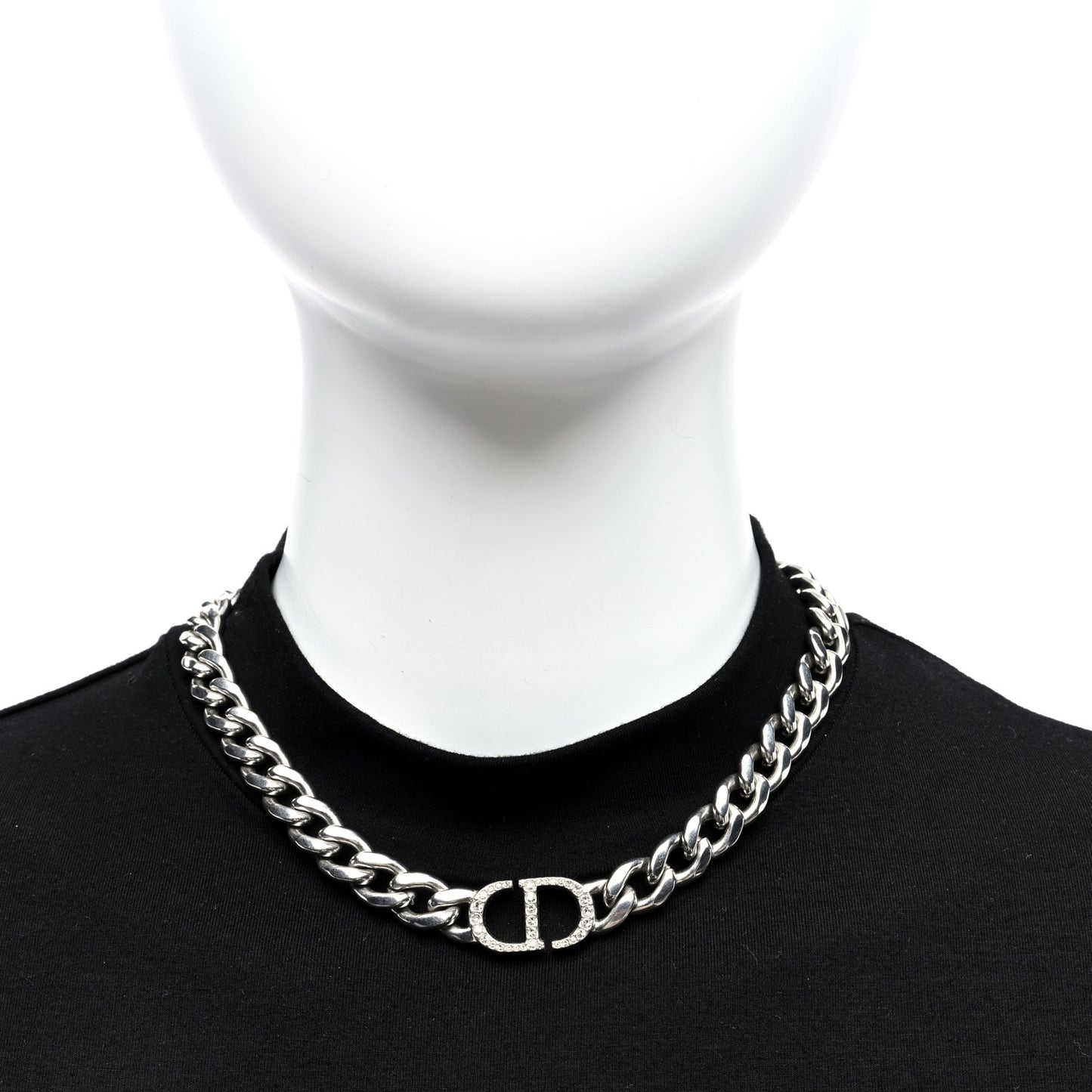 Metal Crystal CD Chain Link Necklace Silver