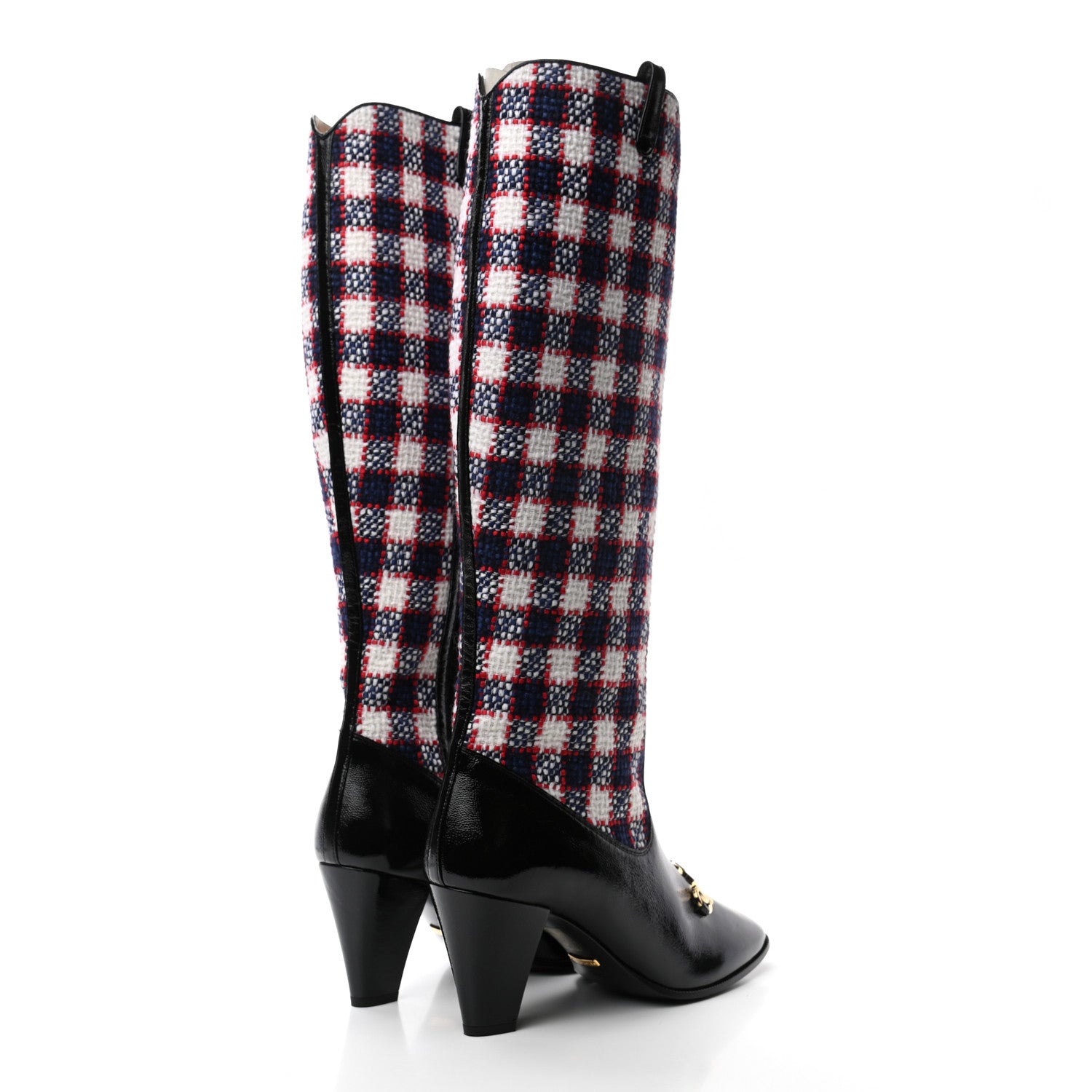Gucci Tweed Naplack Check Zumi Knee Boots 39.5 White Hibiscus Red Maritime Black 4 of 8