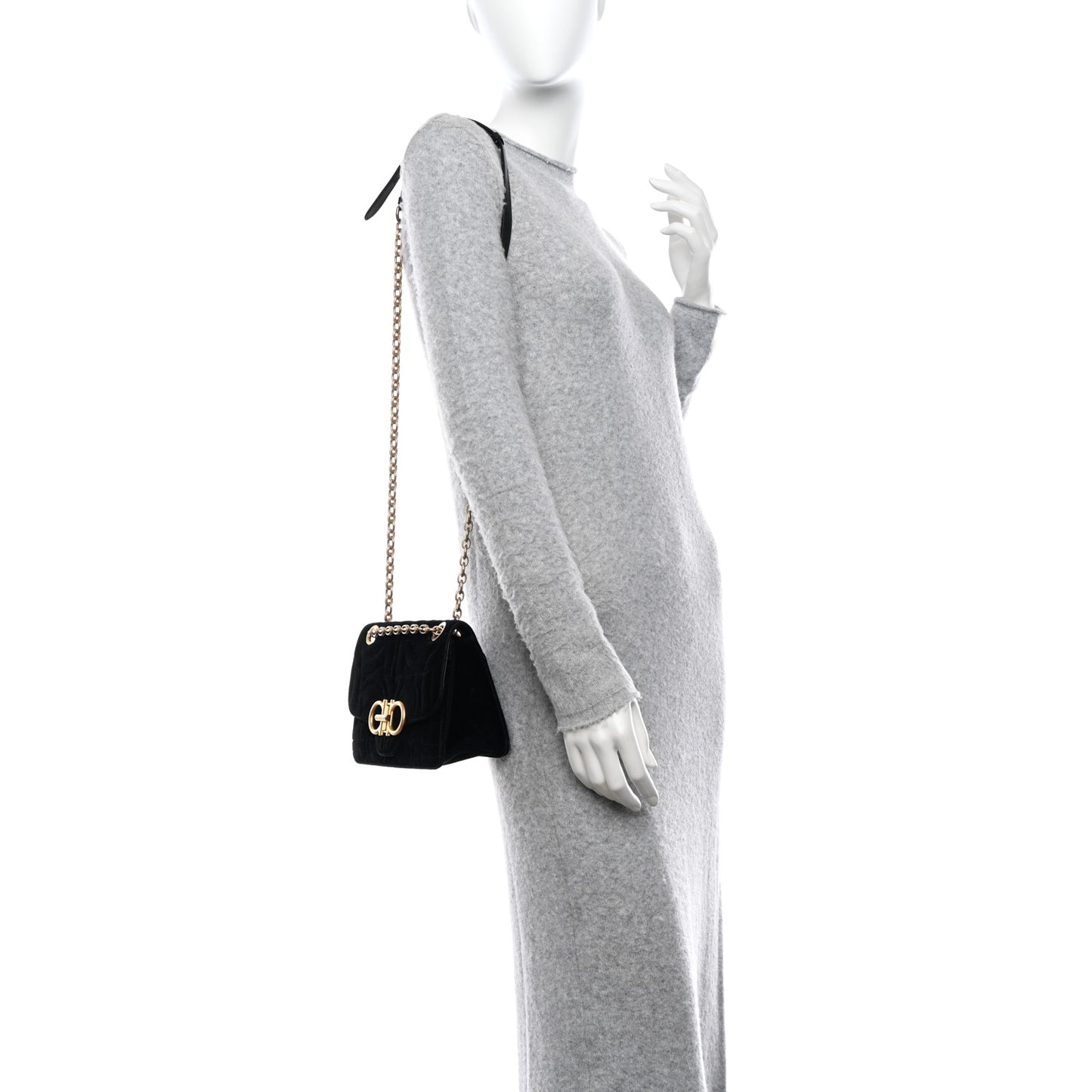 Velvet Quilted Gancini Flap Bag Black