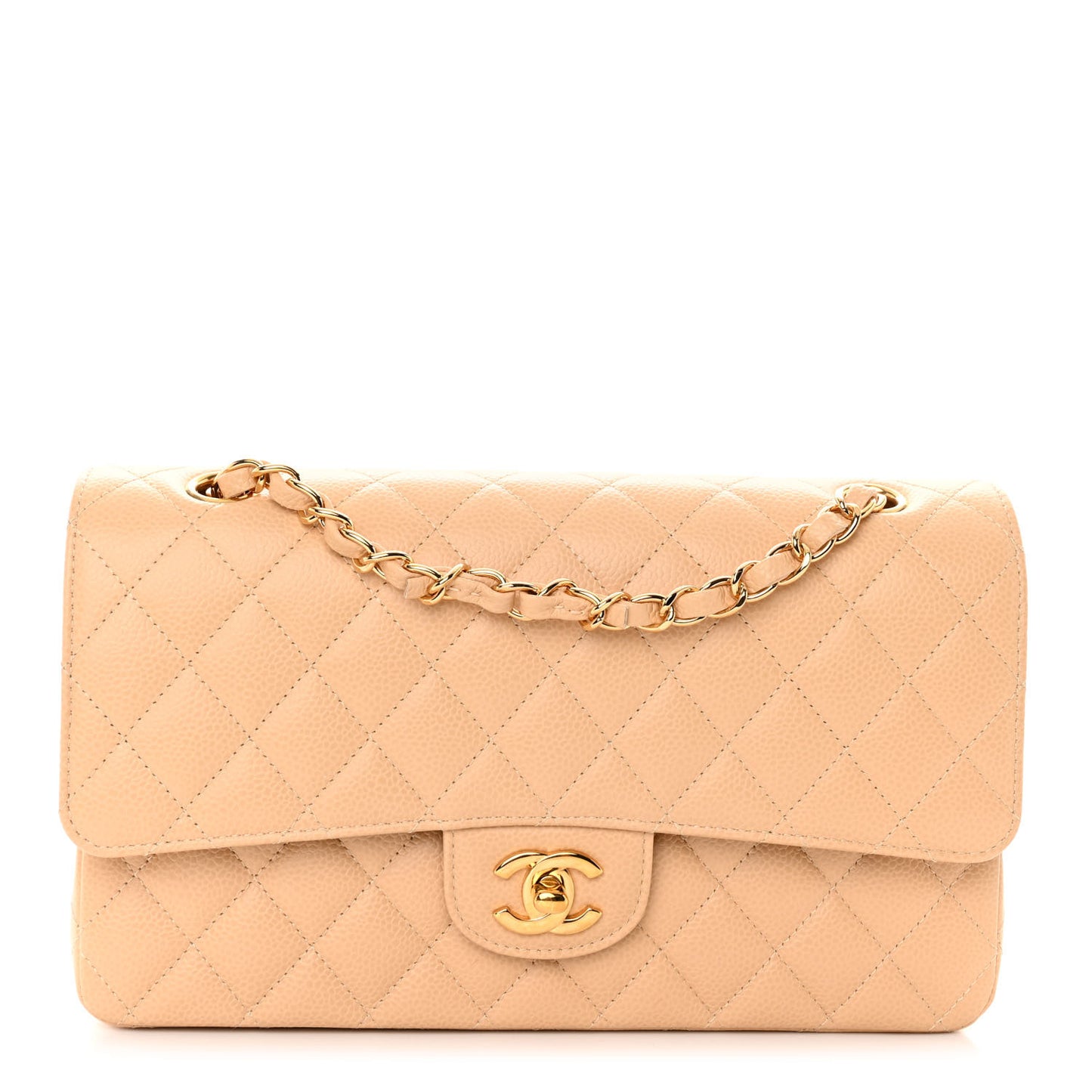 Caviar Quilted Medium Double Flap Beige