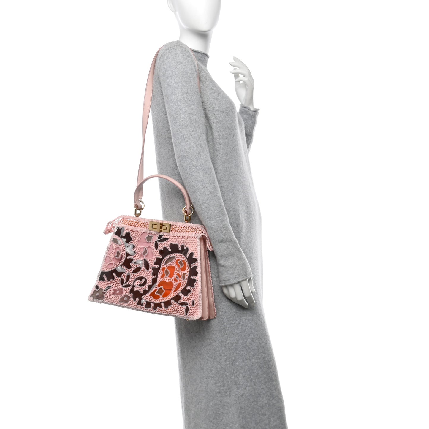 Calfskin Lace Medium Peekaboo I SEE U Satchel Pink Multicolor