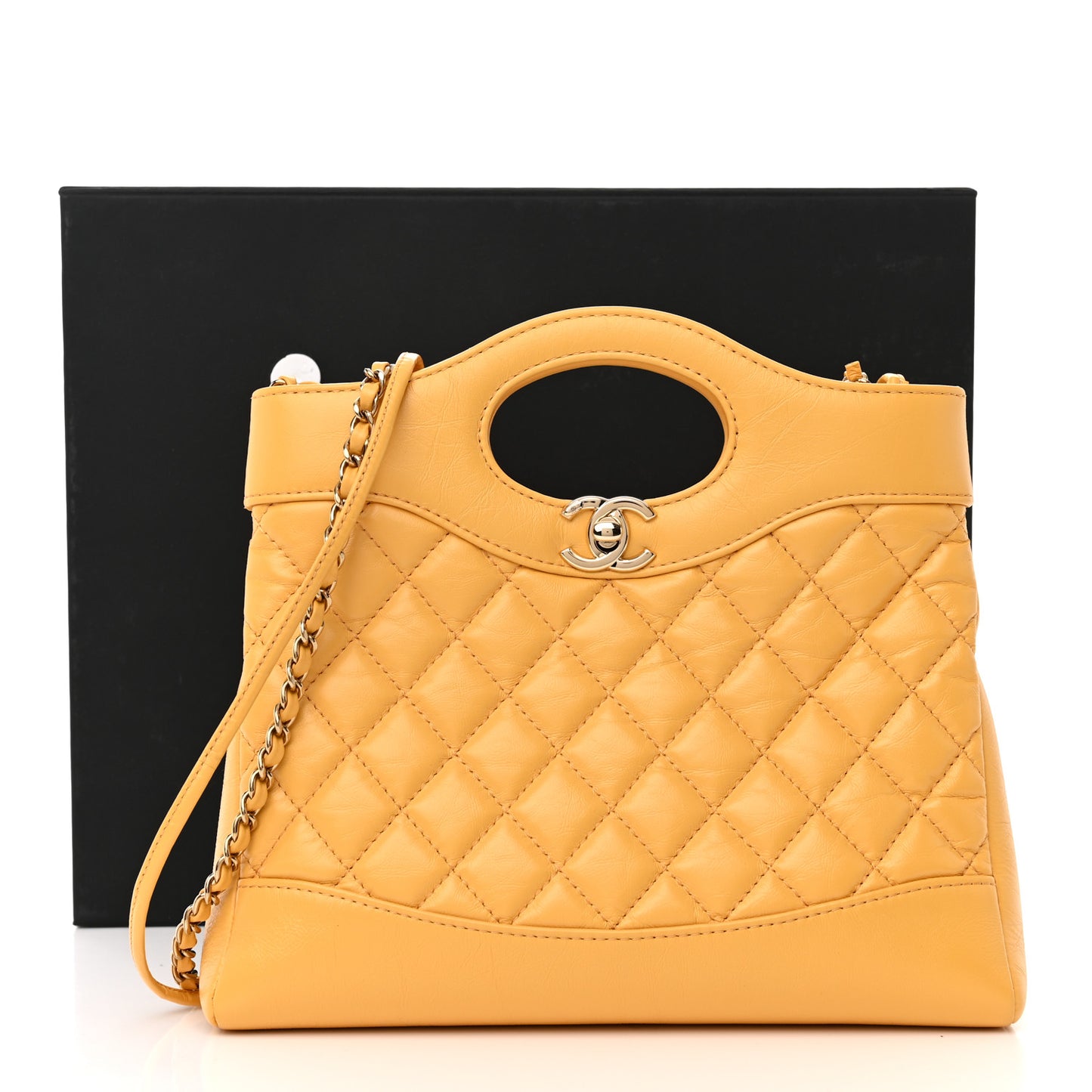 Shiny Crumpled Calfskin Quilted Mini 31 Shopping Bag Yellow