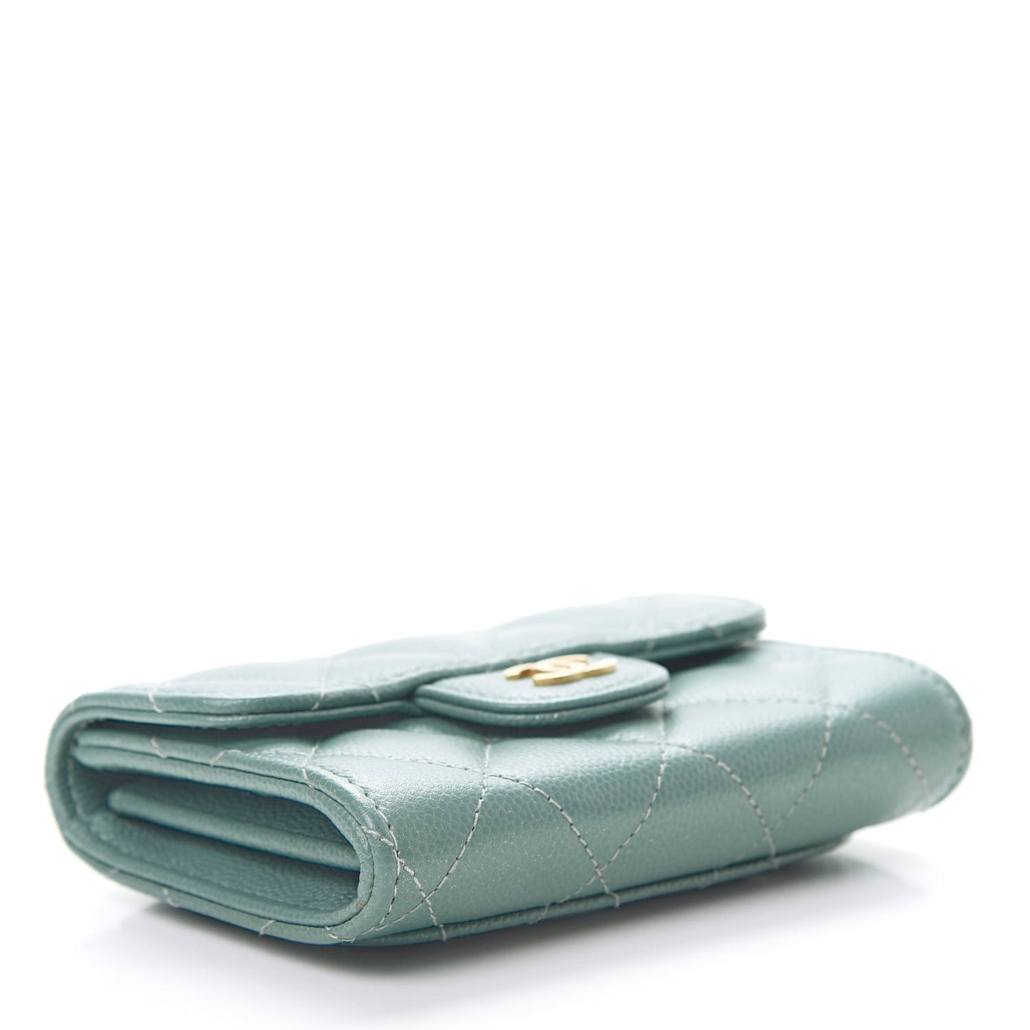 Iridescent Caviar Quilted Flap Card Holder Wallet Light Blue