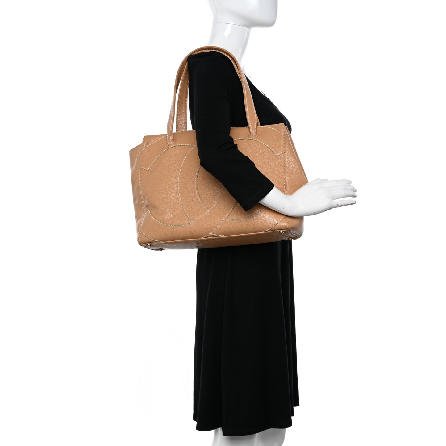 Caviar CC Stitched Medium Tote Beige