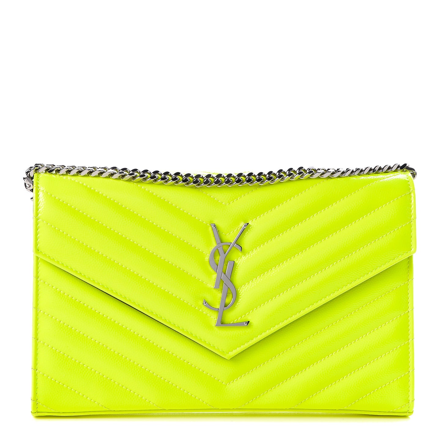 Patent Grain De Poudre Matelasse Chevron Monogram Chain Wallet Neon Yellow