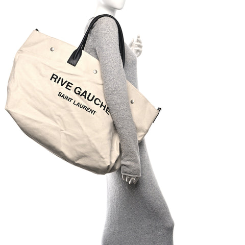 Linen Calfskin Rive Gauche Maxi Tote Grege et Noir