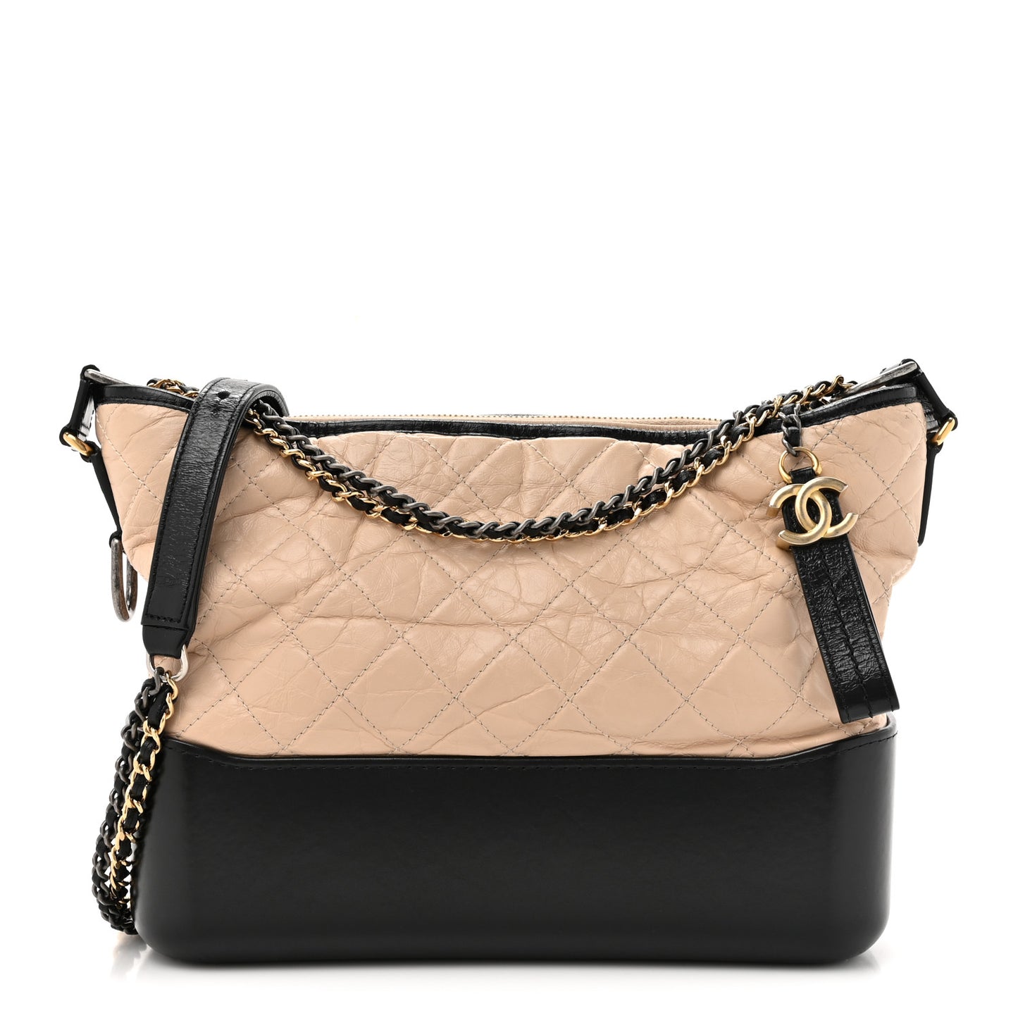 Aged Calfskin Quilted Medium Gabrielle Hobo Beige Black
