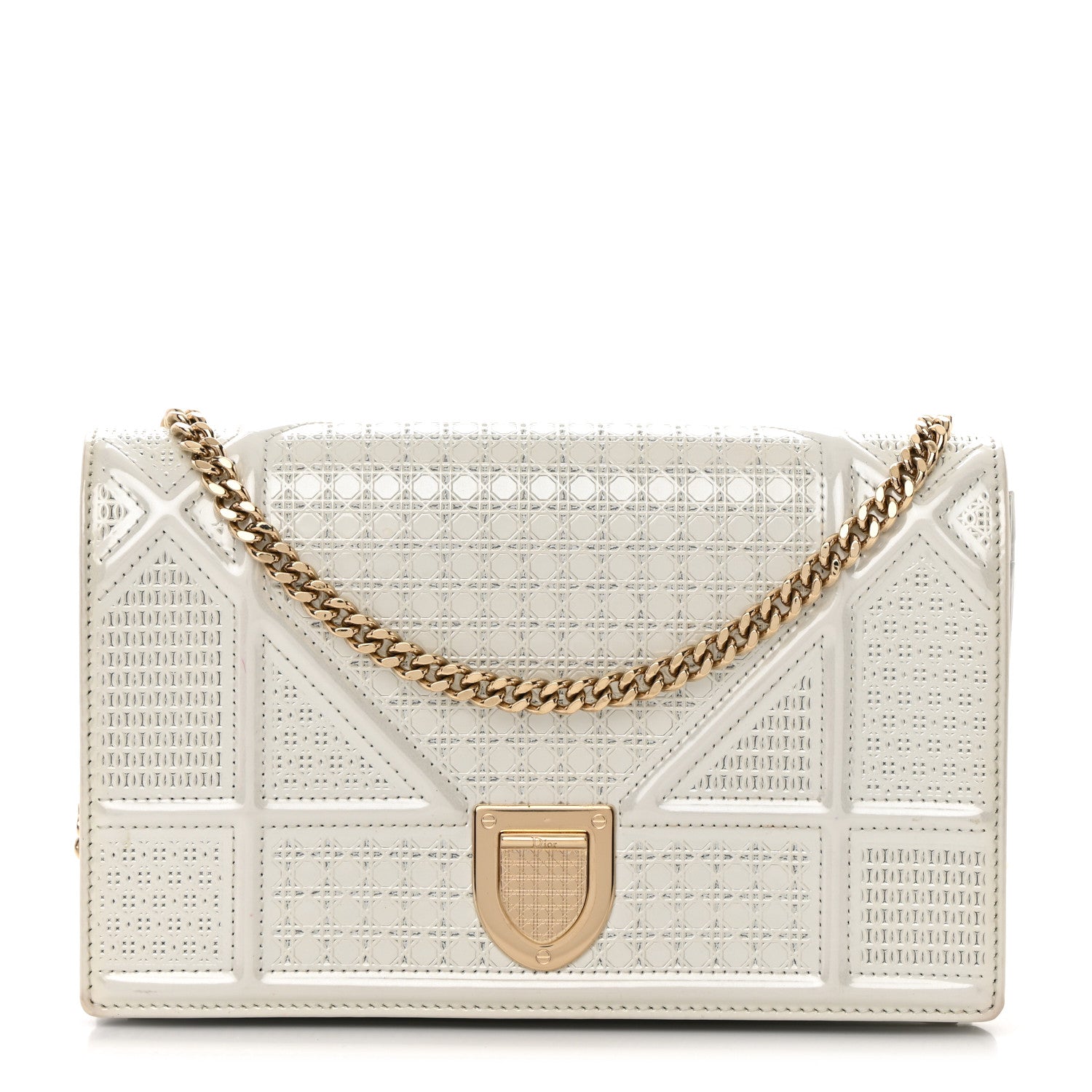 Christian Dior Patent Micro-Cannage Diorama Wallet on Chain Pouch White 1 of 16