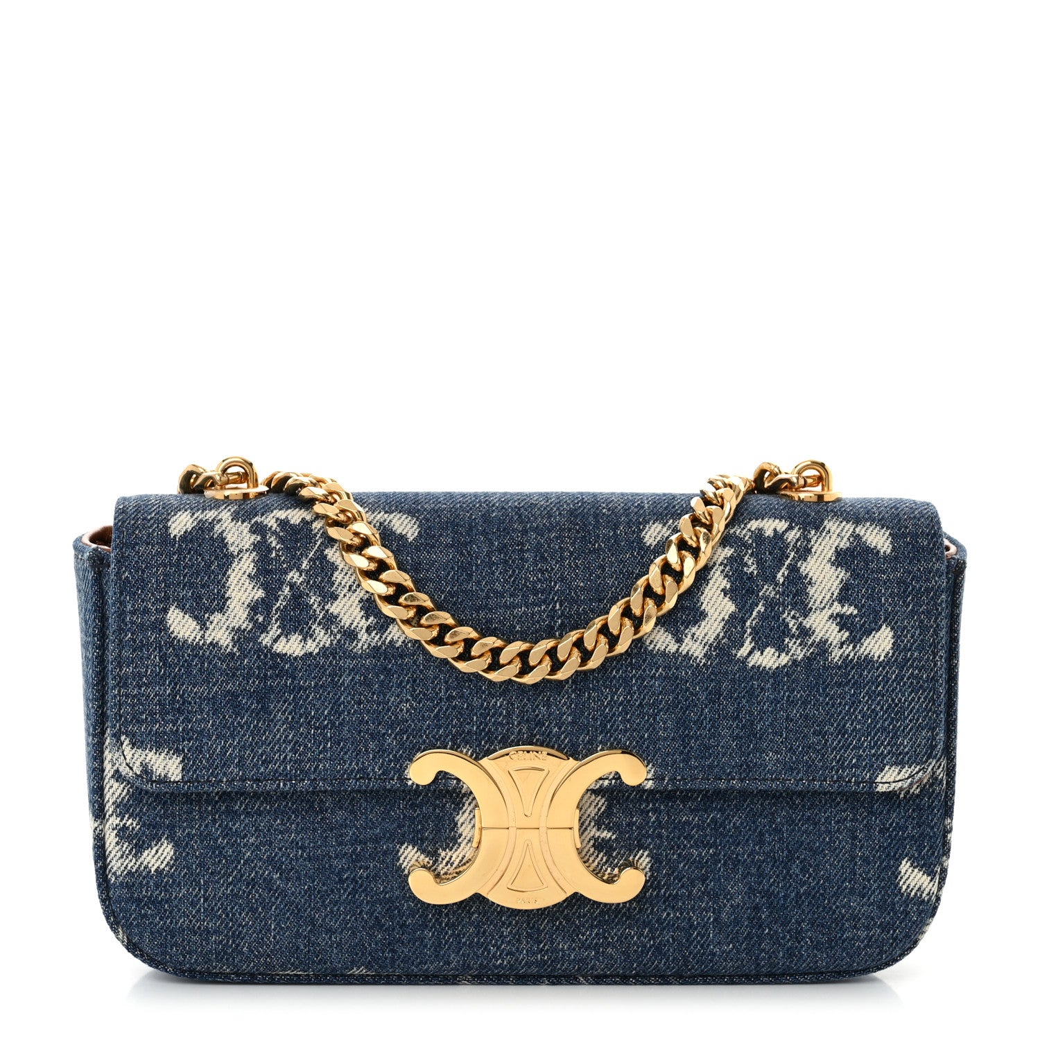 CELINE デニムショルダーバッグ ネイビー Celine Denim Triomphe Chain Shoulder Bag Navy Tan 1377887