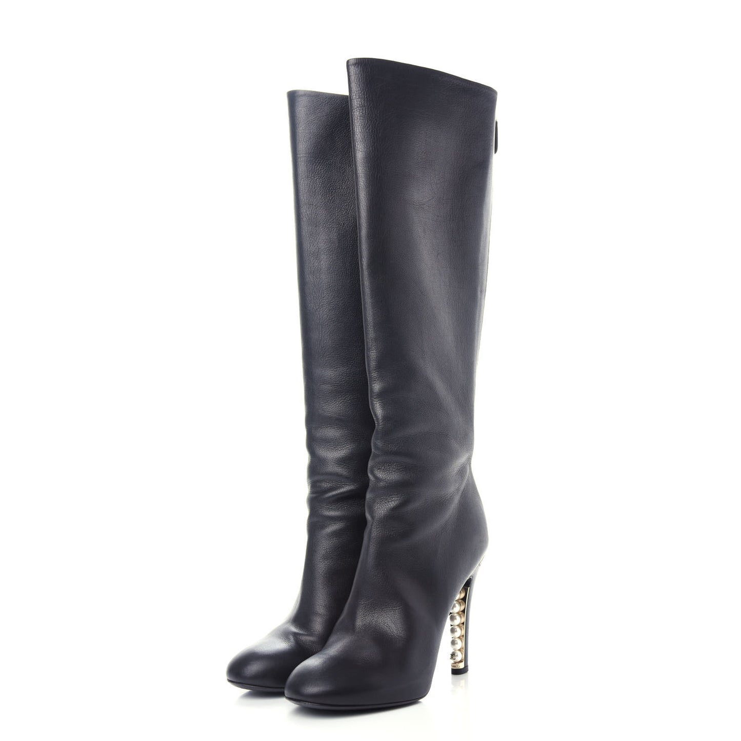 Calfskin Pearl Knee High Boots 37 Black