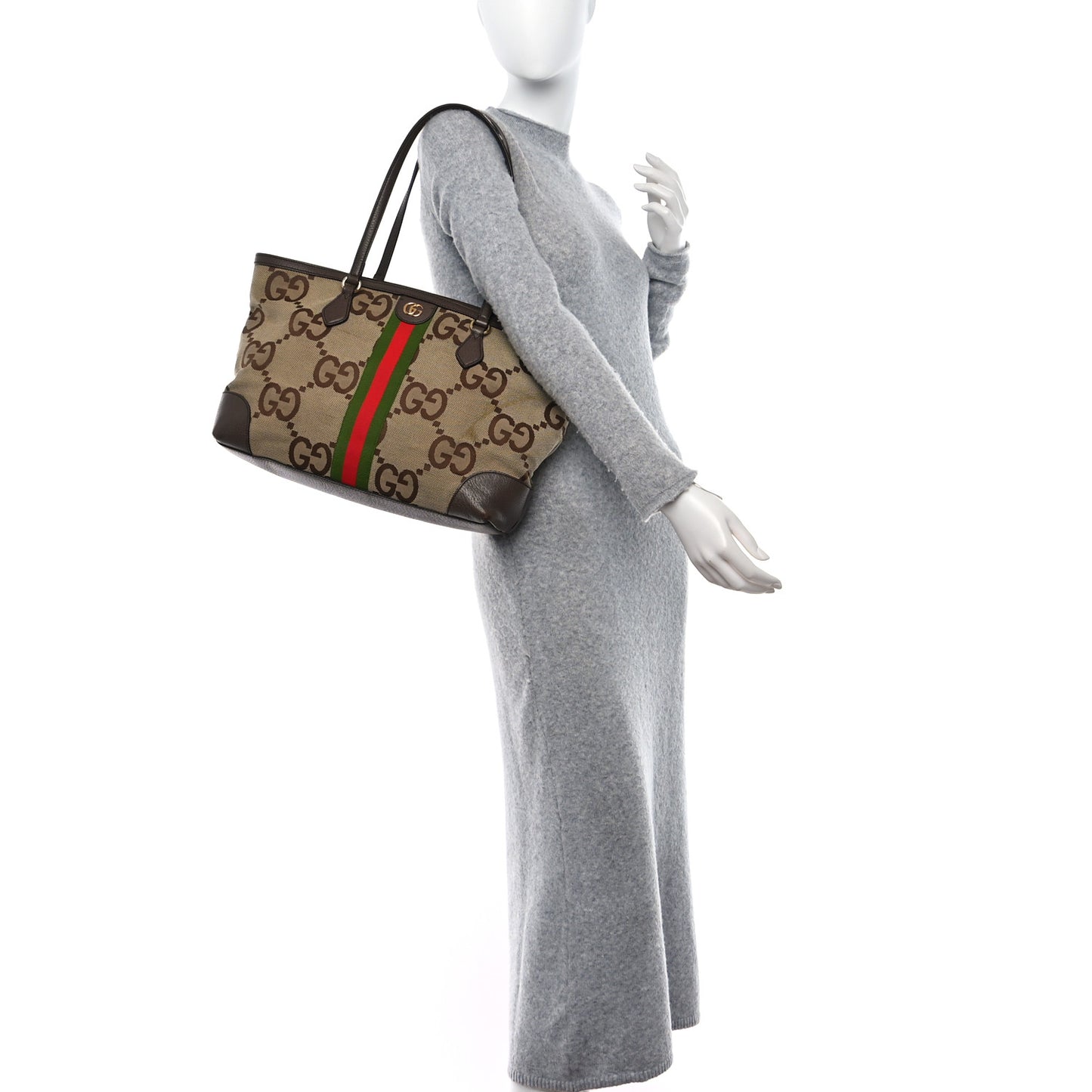 Monogram Jumbo GG Textured Dollar Calfskin Web Medium Ophidia Shopping Tote Camel Ebony