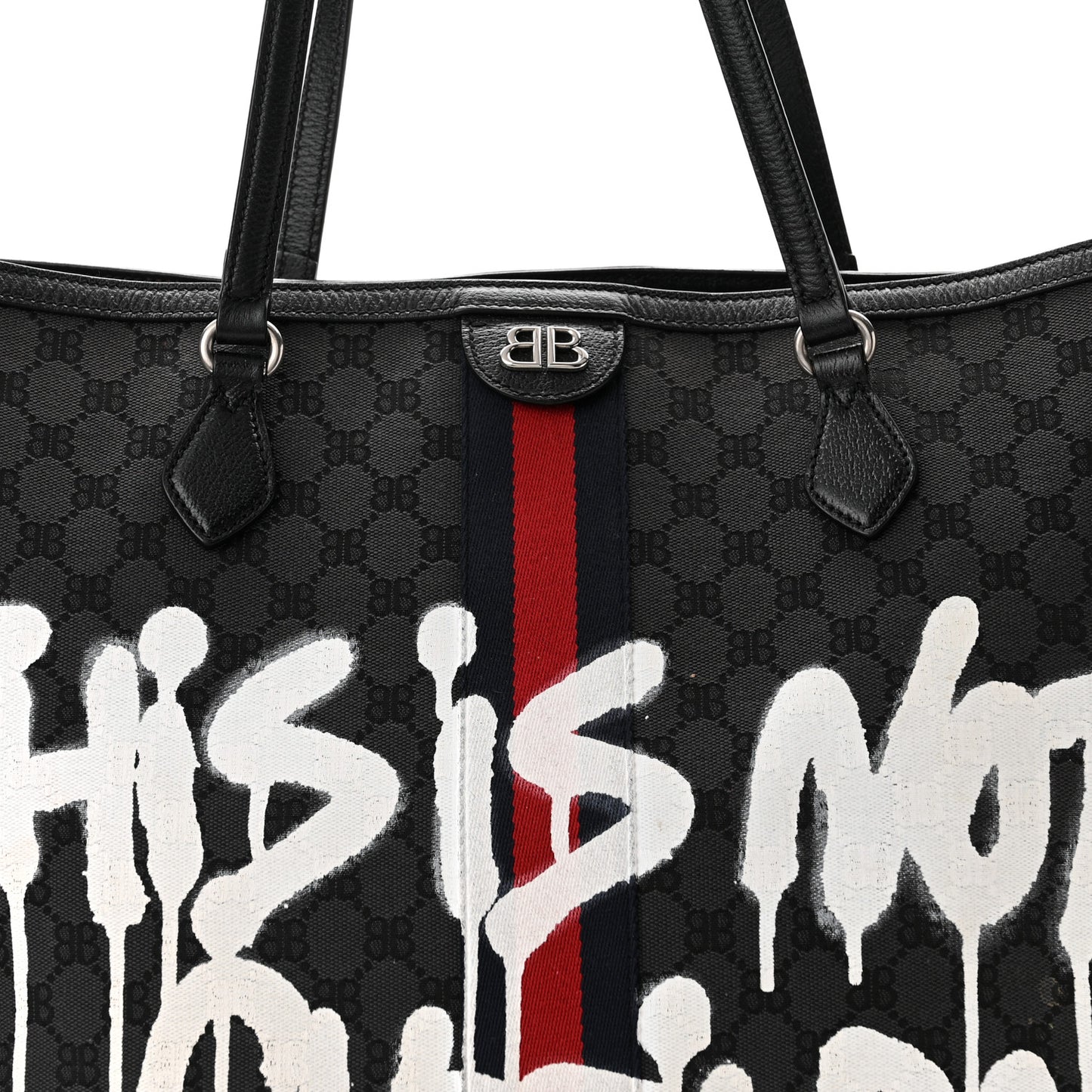 X BALENCIAGA BB Monogram Web Graffiti Large Ophidia Shopping Tote Black