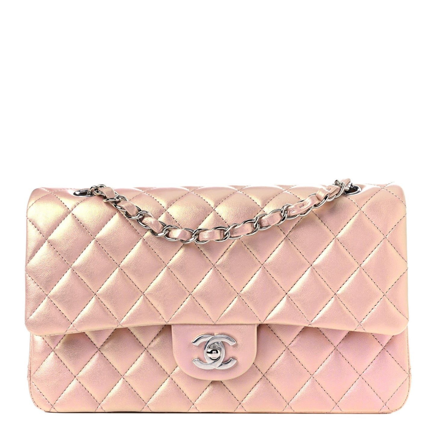 Iridescent Calfskin Quilted Medium Double Flap Pink