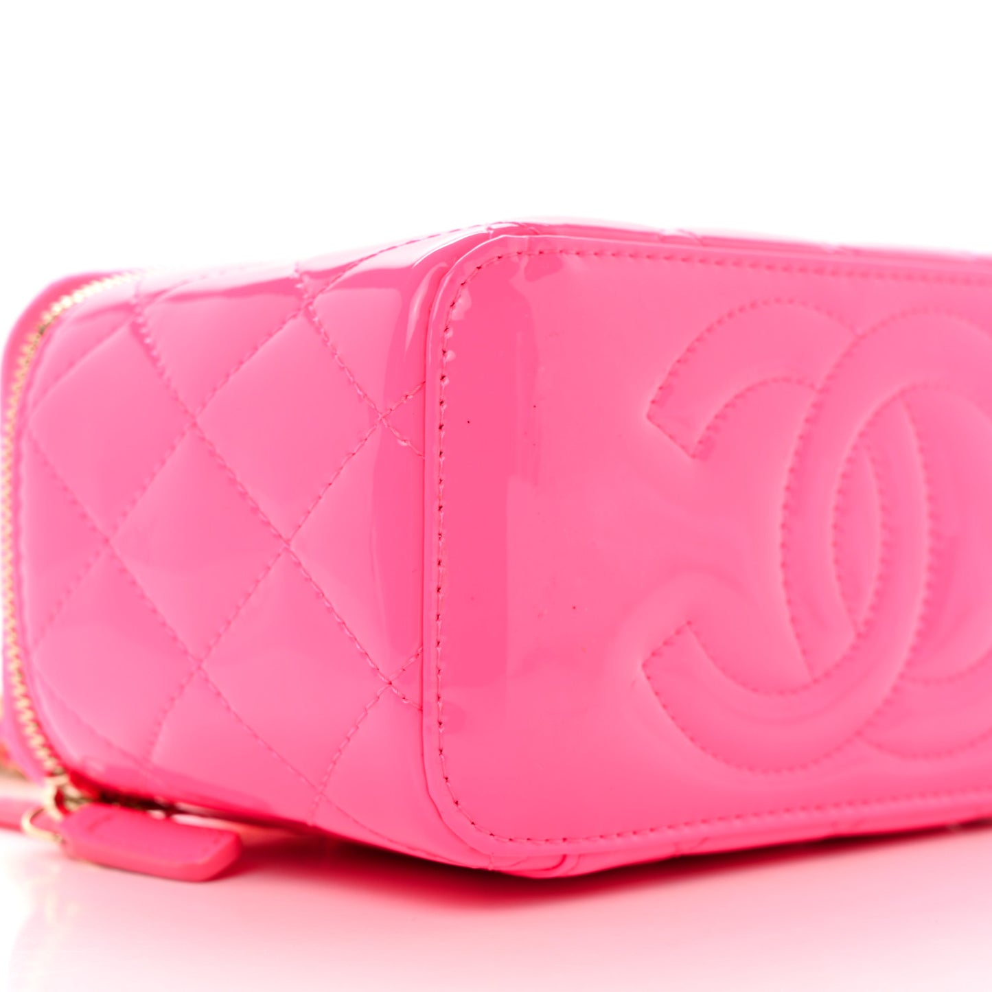 Patent Quilted Pearl Crush Small Vanity Case With Chain Neon Pink