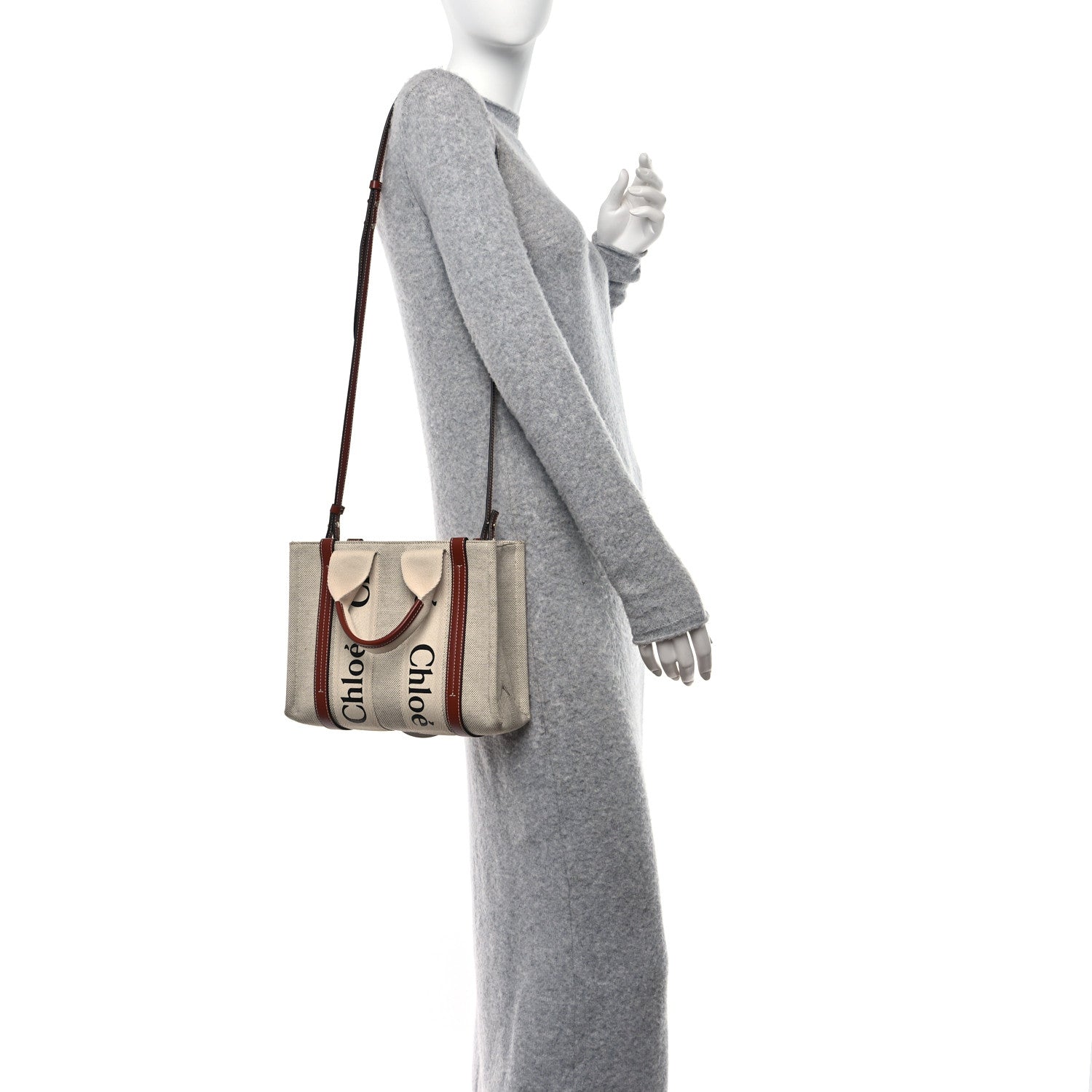 Chloe Cotton Calfskin Small Woody Ribbon Tote With Strap White Brown 2 of 14