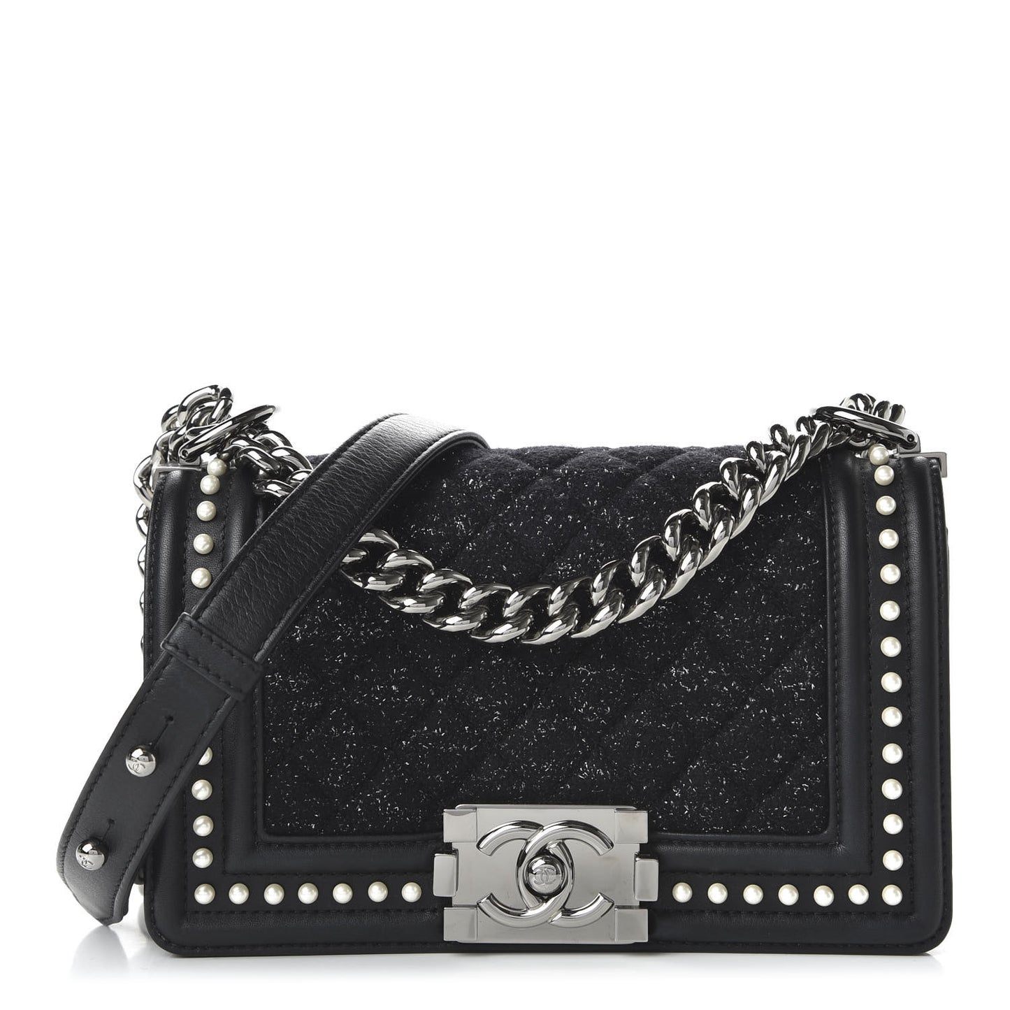 Calfskin Pearl Tweed Small Boy Flap Black