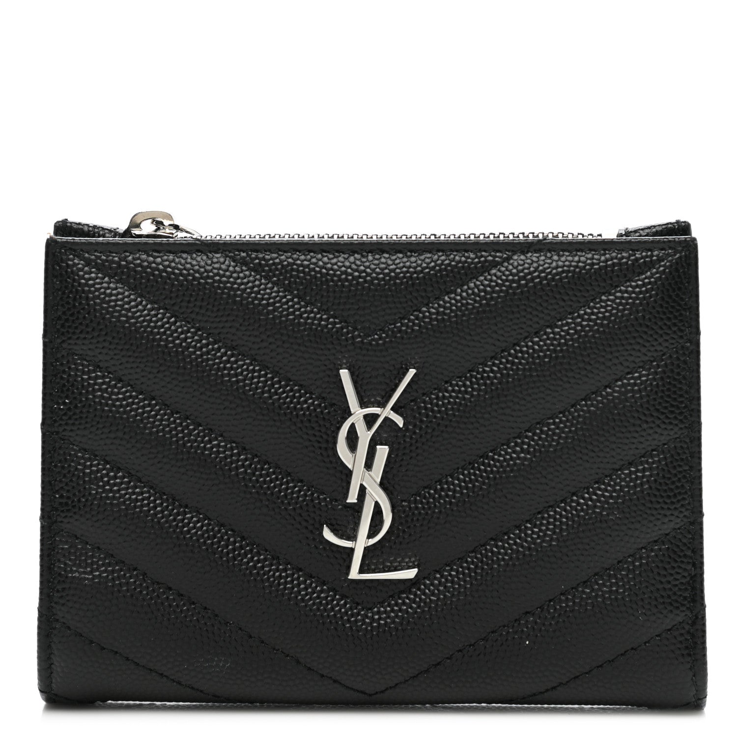 Saint Laurent Grain De Poudre Matelasse Chevron Monogram Zipped Two-Part Wallet Black 1 of 9