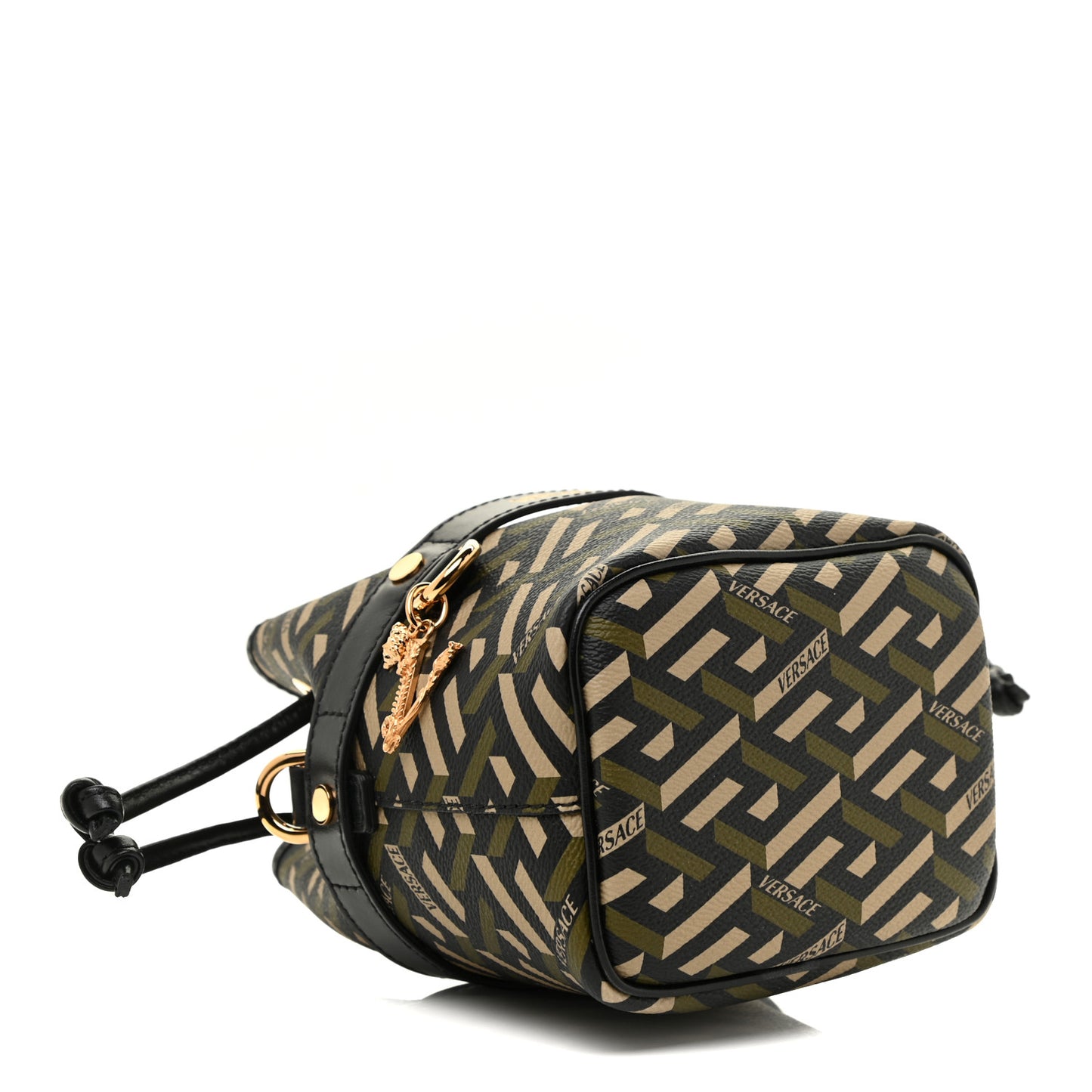 Coated Canvas La Greca Mini Bucket Bag Black Green Beige