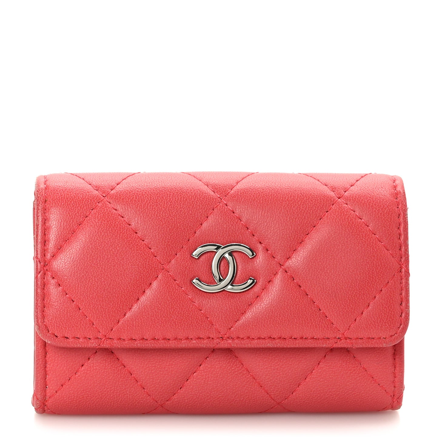 Lambskin Quilted Flap Card Holder Pink
