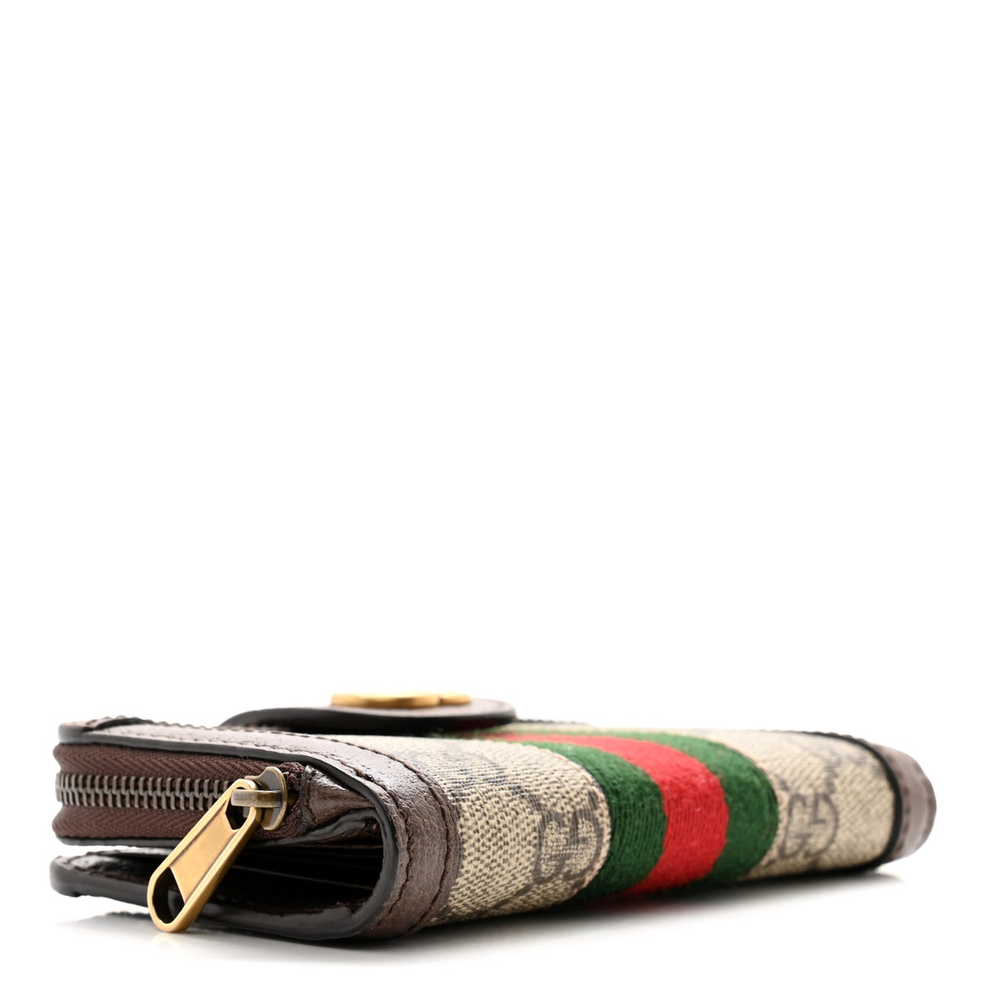 GG Supreme Monogram Textured Dollar Calfskin Web Ophidia Overlay Zip Around Card Case Wallet Beige Ebony New Acero