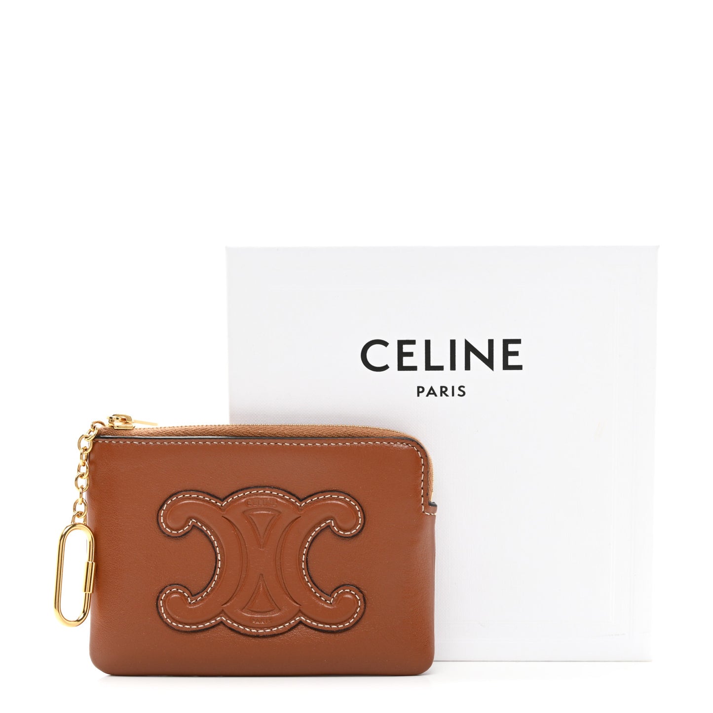 Smooth Calfskin Cuir Triomphe Coin and Card Pouch With Hook Tan