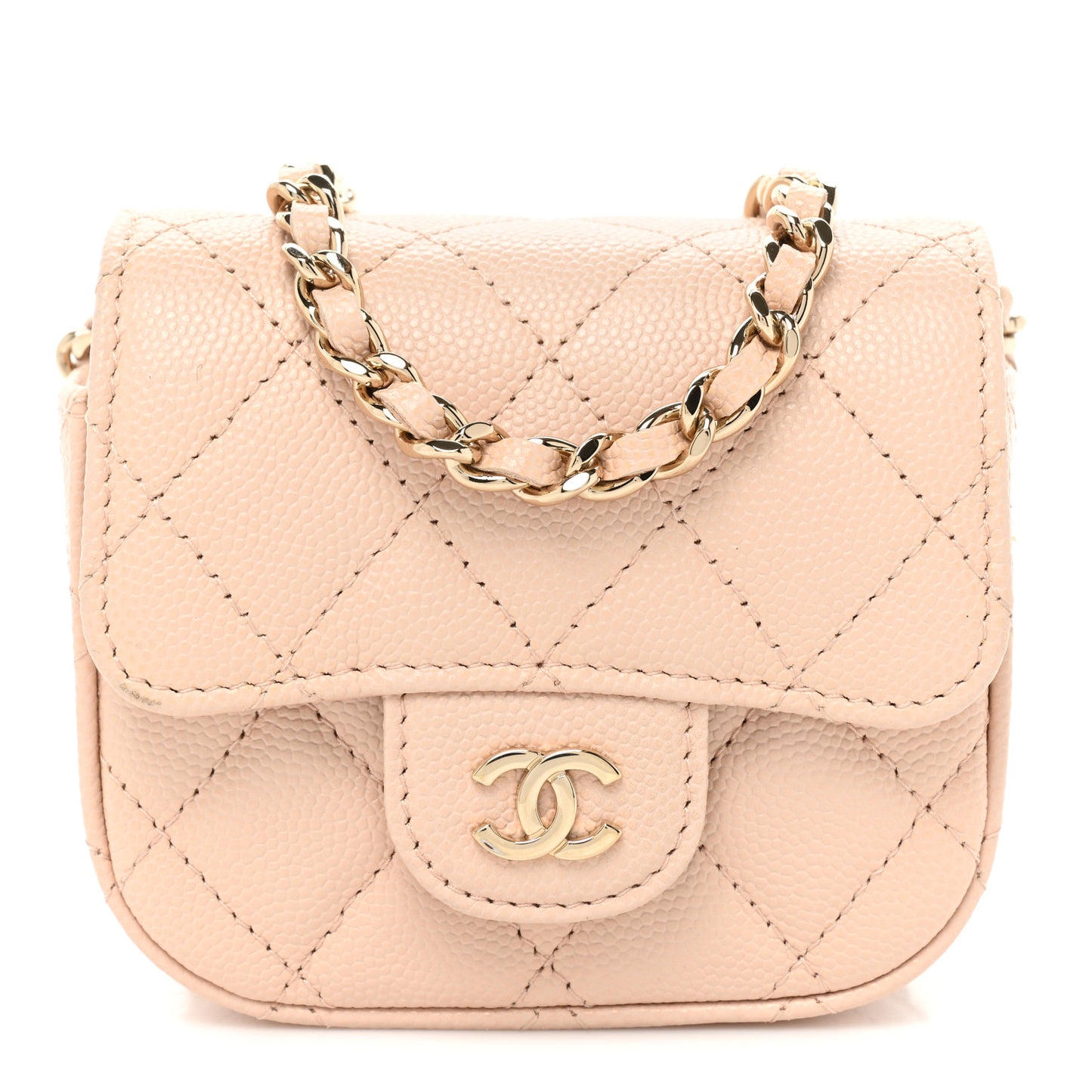 Caviar Quilted Mini Clutch With Chain Light Beige