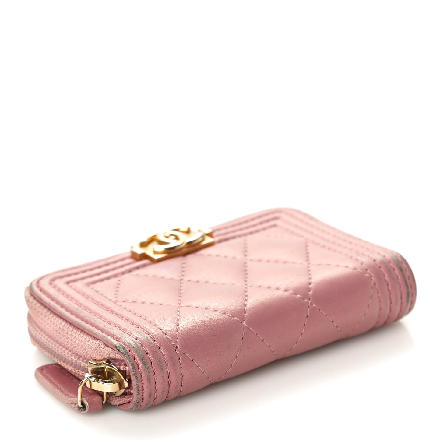 Metallic Lambskin Quilted Boy Zip Around Coin Purse Wallet Pink