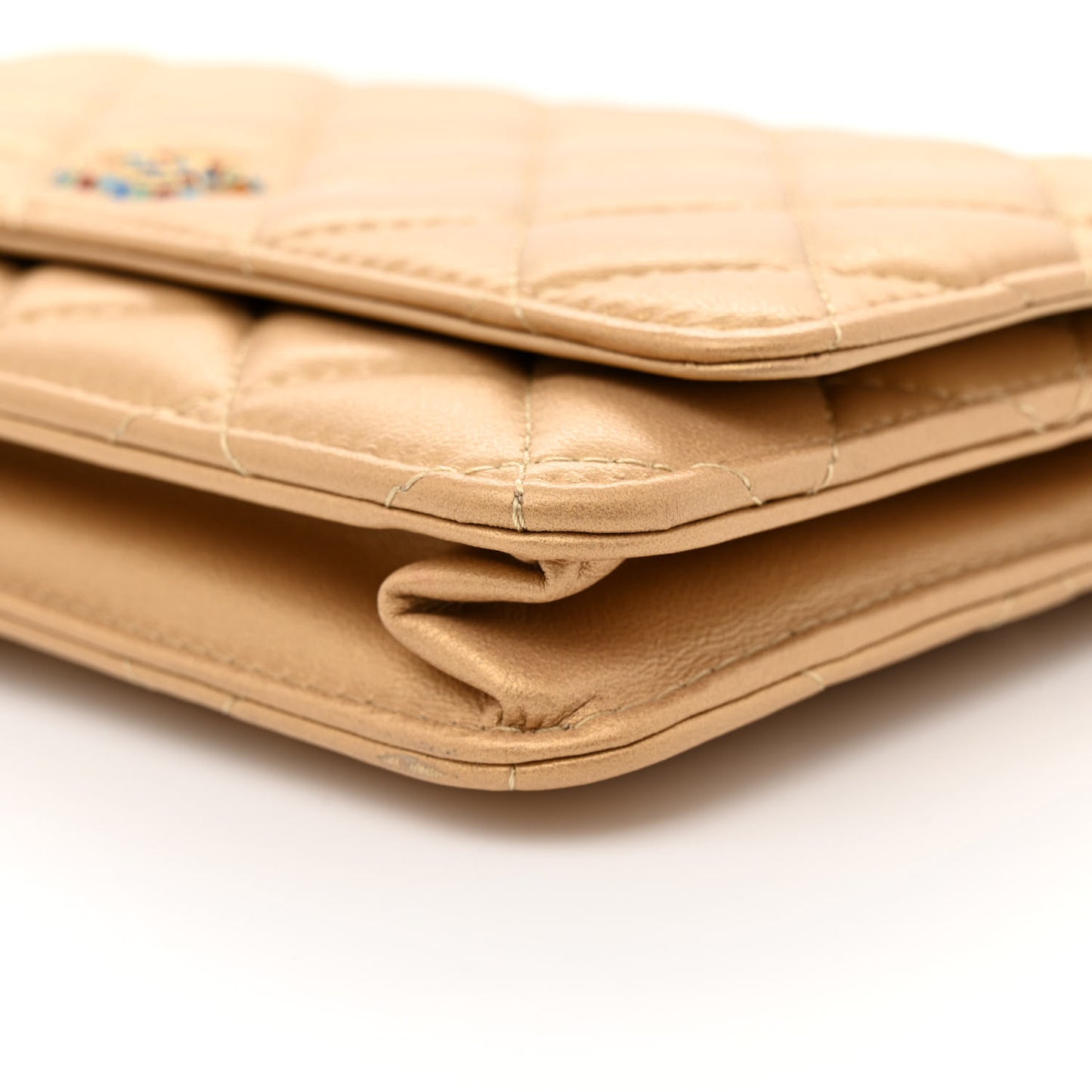 Metallic Lambskin Quilted Enamel Wallet On Chain WOC Gold