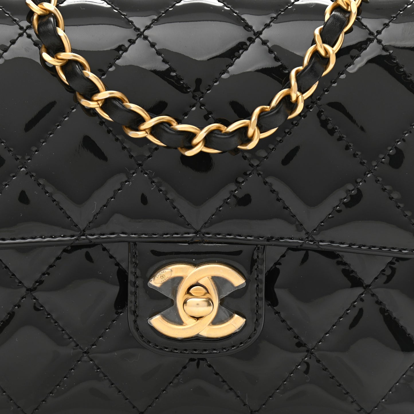 Patent Calfskin Quilted Mini Square Flap Black