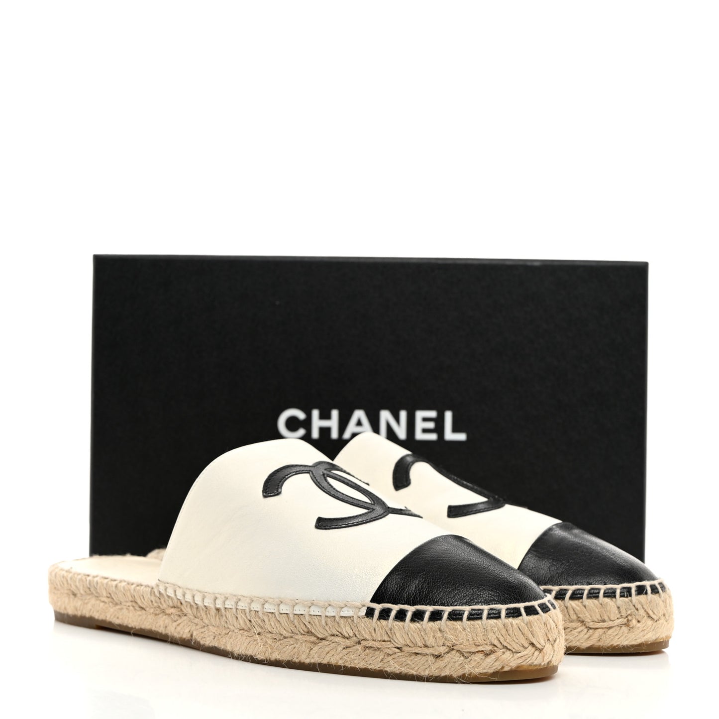 Iridescent Goatskin CC Espadrille Mules 40 Ivory Black