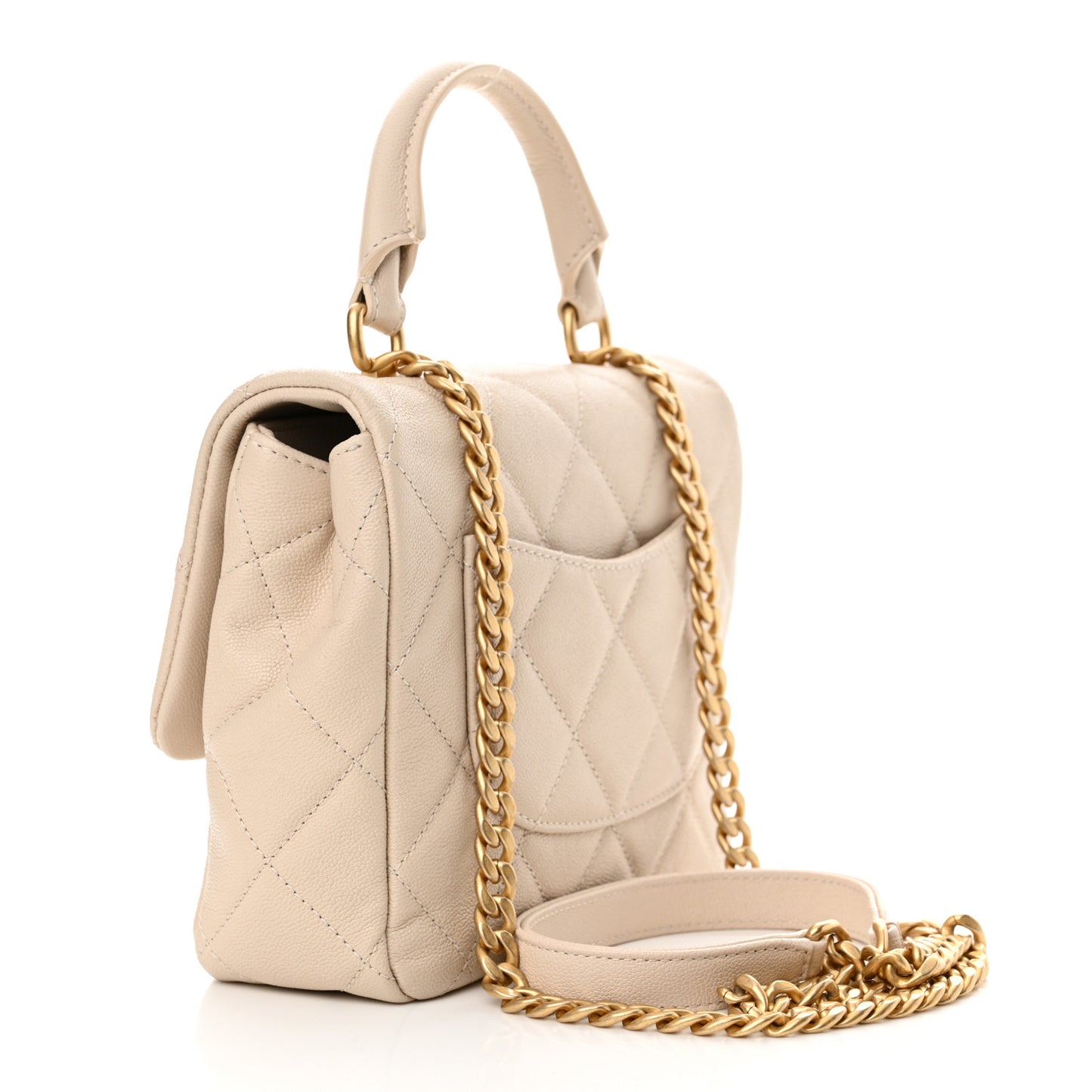 Shiny Caviar Quilted Mini Top Handle Flap Ecru