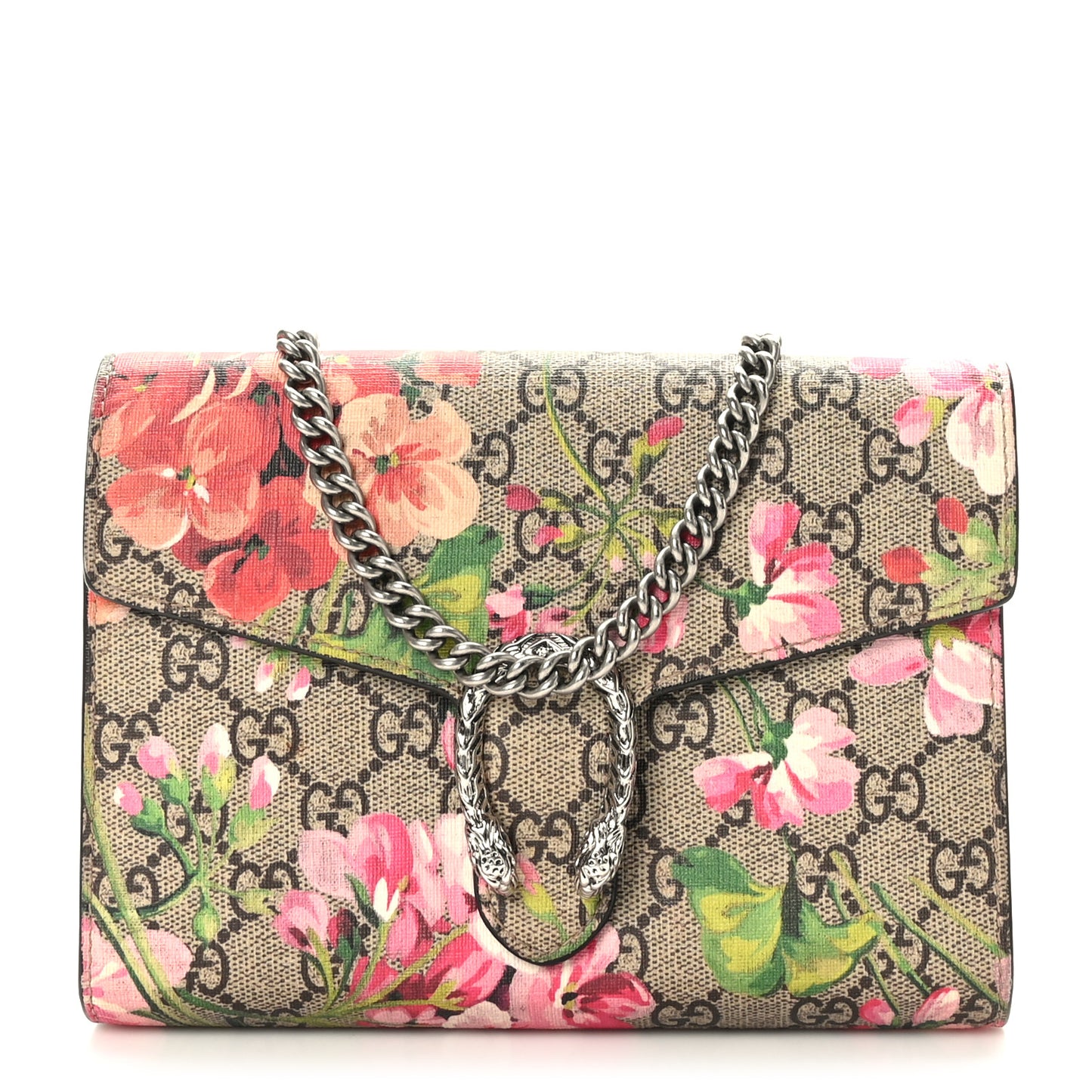 GG Supreme Monogram Blooms Mini Dionysus Chain Wallet Beige Multicolor Dry Rose