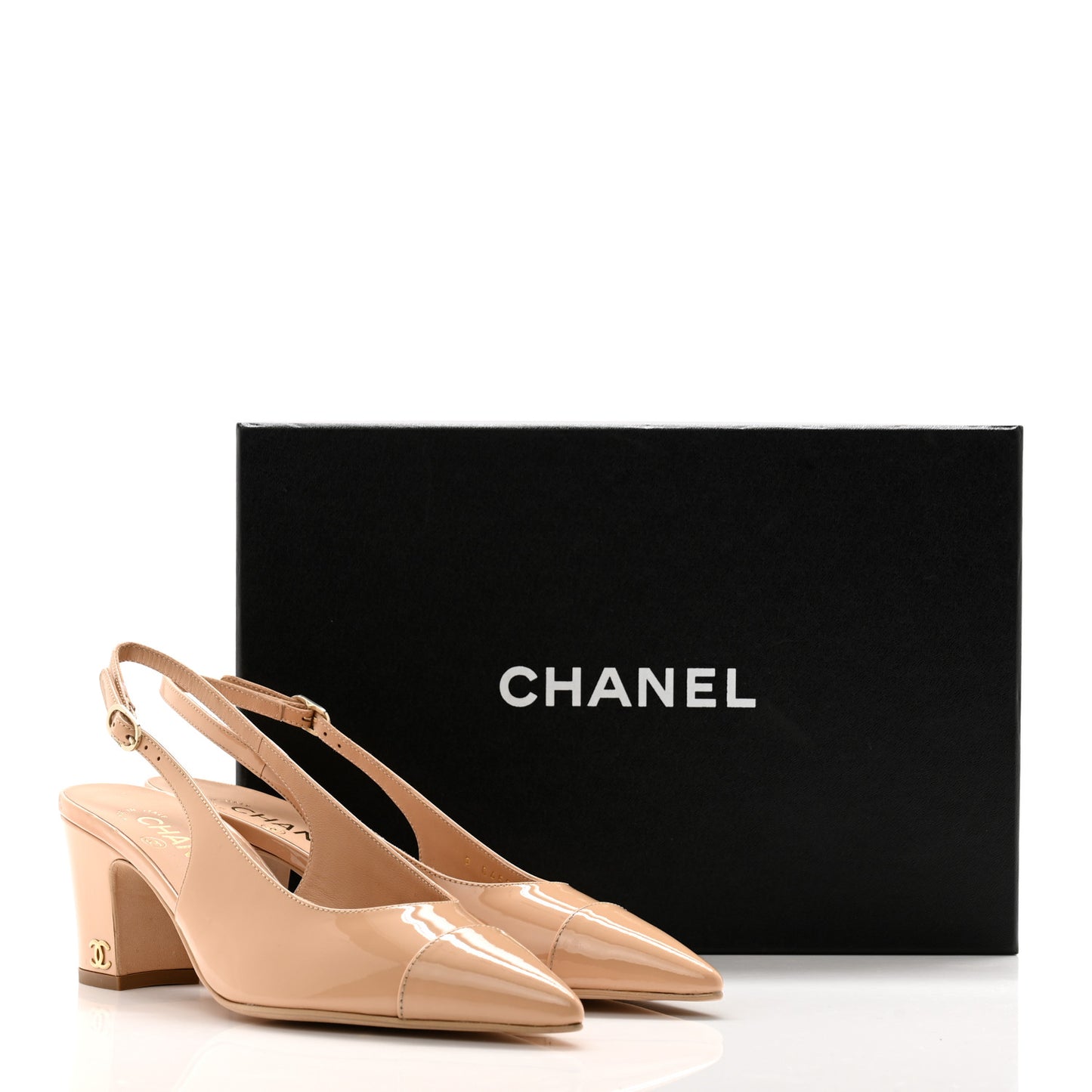 Patent Calfskin Cap Toe CC Slingback Pumps 38 Beige
