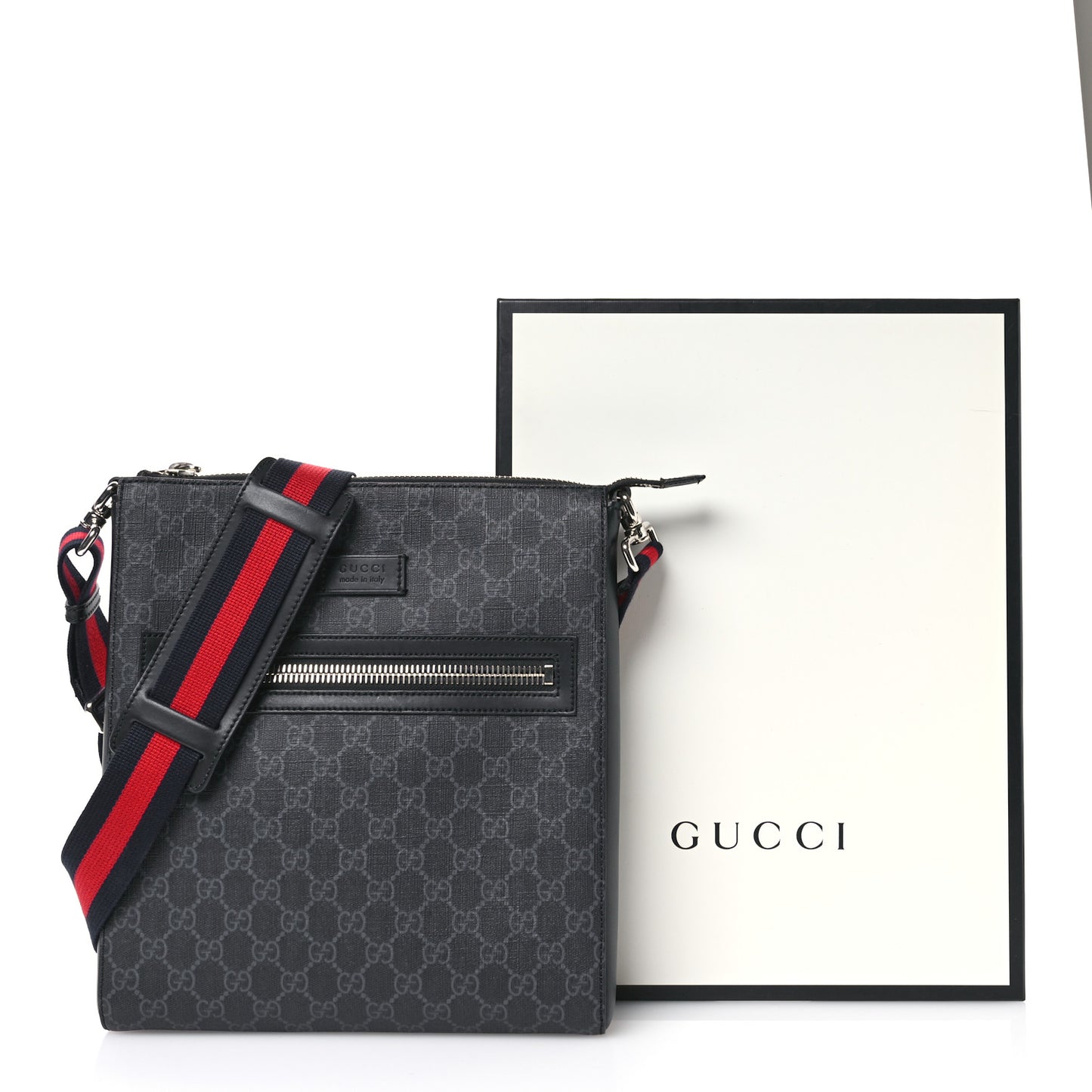 GG Supreme Monogram Appia Calfskin Web Flat Messenger Bag Black Grey