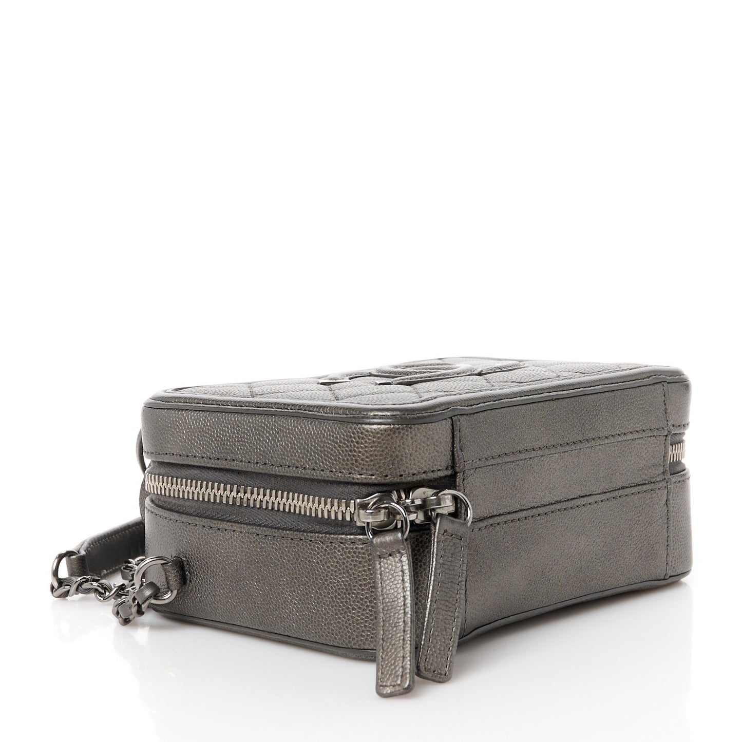 Metallic Caviar Quilted Small CC Filigree Vanity Case Dark Silver