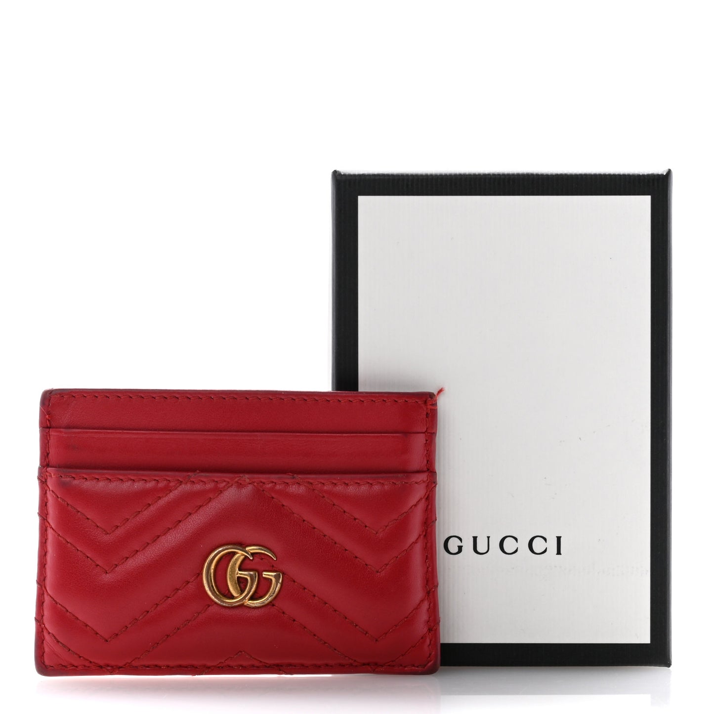 Calfskin Matelasse GG Marmont Card Holder Hibiscus Red