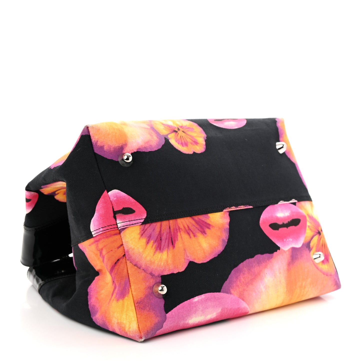 Patent Crystal Embellished Canvas Lips Print Tote Black Multicolor
