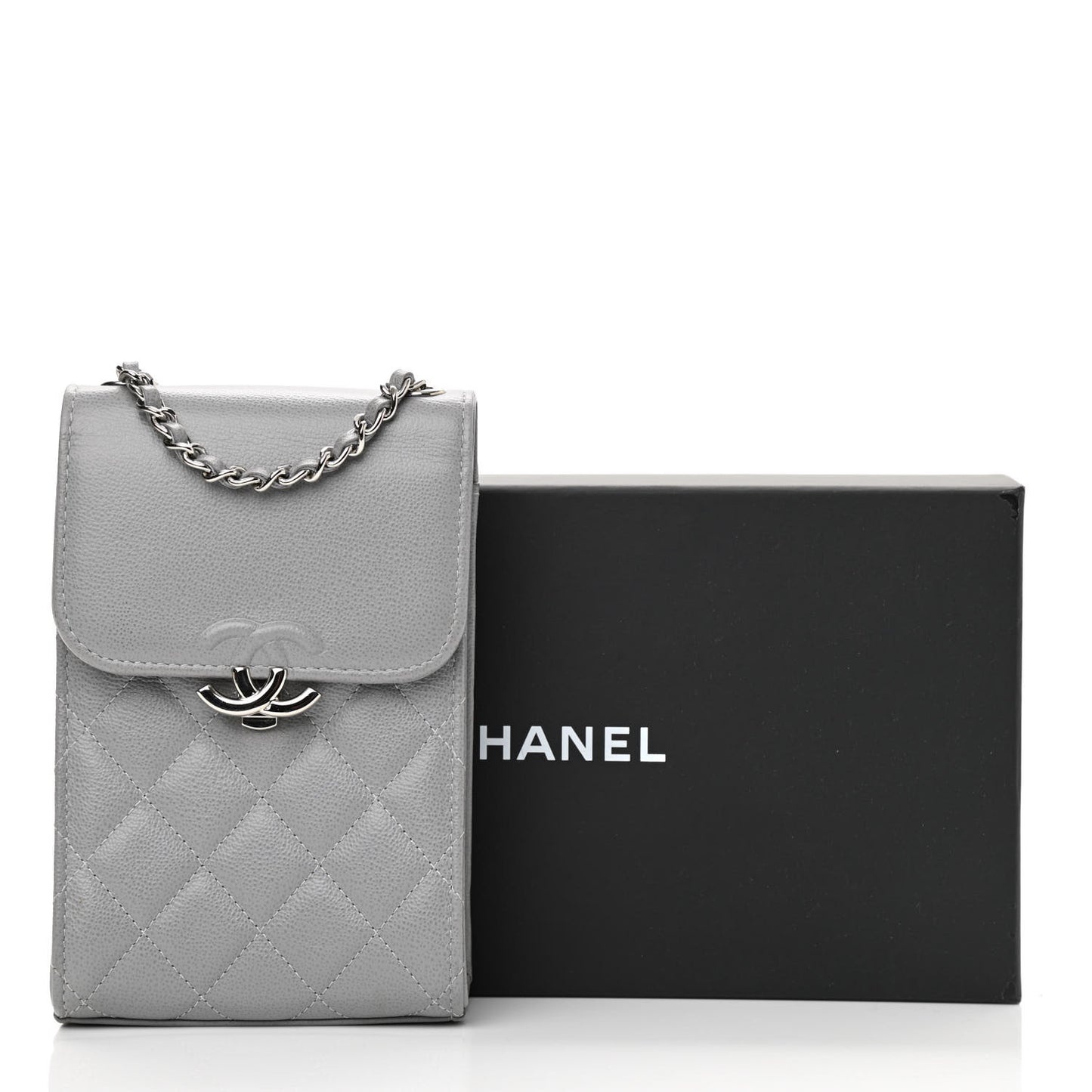 Grained Calfskin Quilted CC Box Clutch With Chain Grey